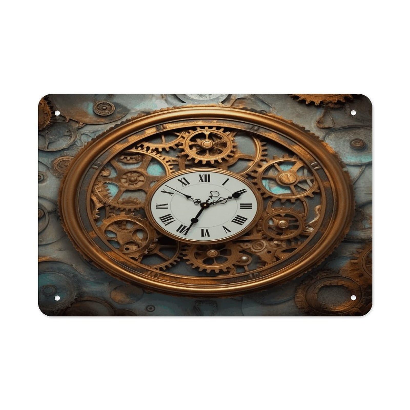 Rusty Steampunk Clock Metal Tin Sign 12"x8" Wall Art Prints Poster Decorative Picture Metal Signboard Decor Painting Folded Edge Iron Sheet Painting with Holes for Wall Decor