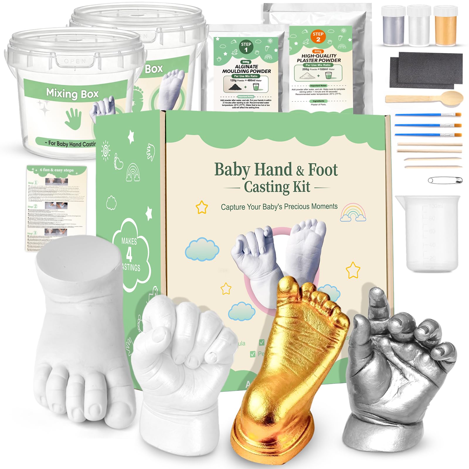 3D Gipsabdruck Baby Hand und Fuß(4 Abdrücken), Taricor Ungiftig Hand und Fußabdruck für Neugeborene, Abdruck Hände und Füße für Neugeborene für Babydusche Geschenk/Babyparty (0-9 Monate)