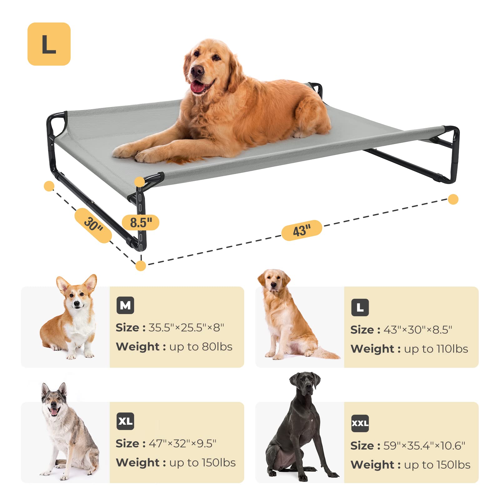 Veehoo Lettino Rialzato per Cani, Dog Bed Outdoor Raffreddamento Elevato Cane Letto per Cani di media taglia, Portatile Standing Pet Letto con Rete Traspirante Lavabile, Piedi antiscivolo, Grigio
