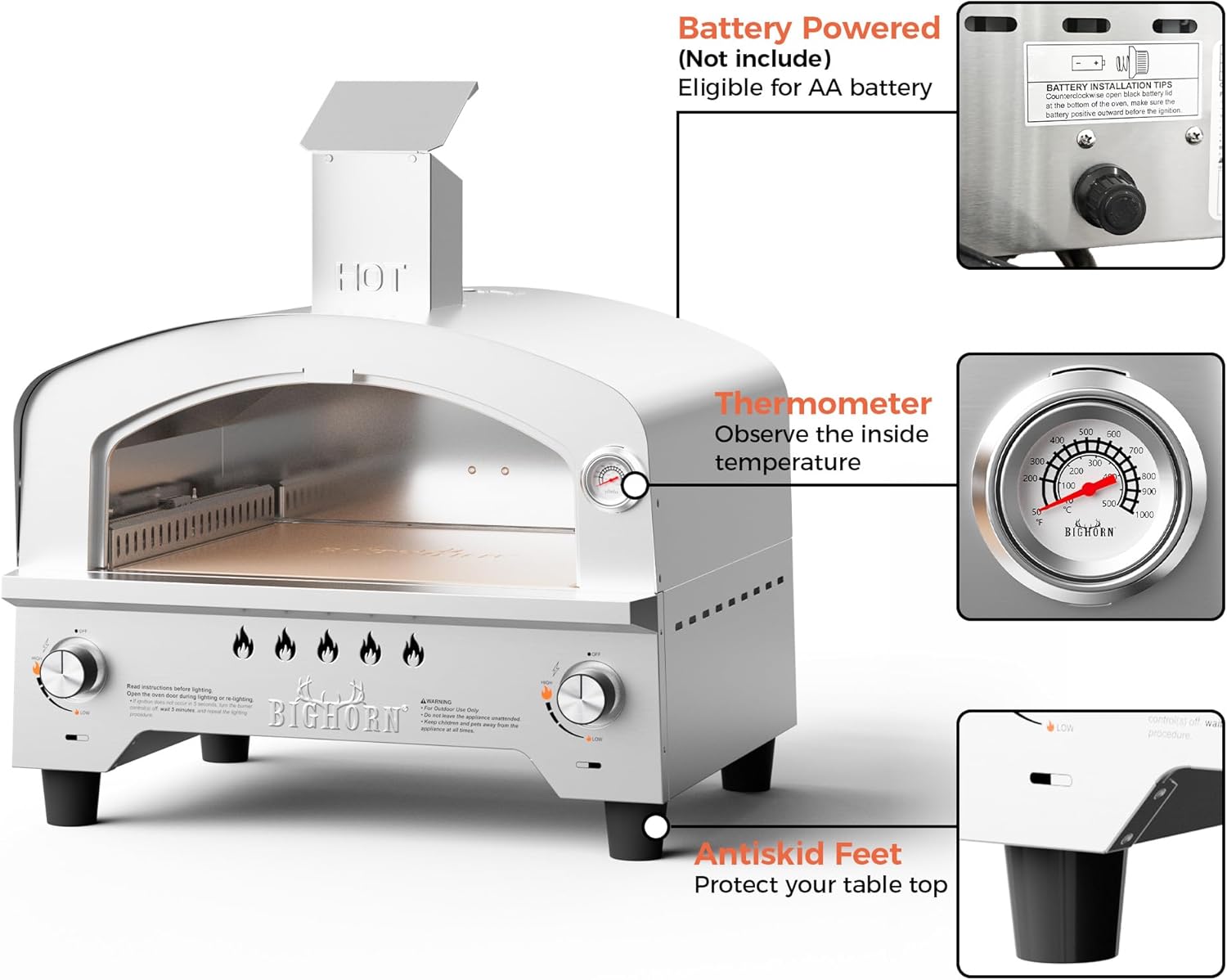 BIG HORN Gas Pizza Oven, Portable Propane Pizza Oven with 15 inch Pizza Stone, Stainless Steel Pizza Maker for Outdoor Cooking