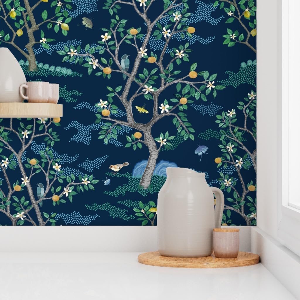Peel & Stick Wallpaper 3ft x 2ft - Indigo Blue Chinoiserie Citrus Grove Toile Green Birds Oranges Lemons Custom Removable Wallpaper by Spoonflower