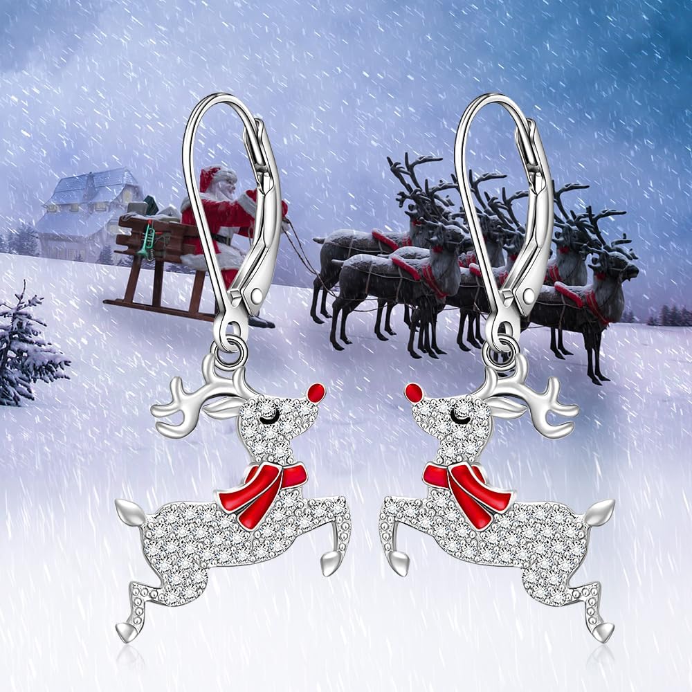 Christmas Earrings Reindeer Earrings for Women Sterling Silver Deer Dangle Reindeer Earring Leverback Holiday Merry Christmas Earrings XMAS Gifts - Image 3