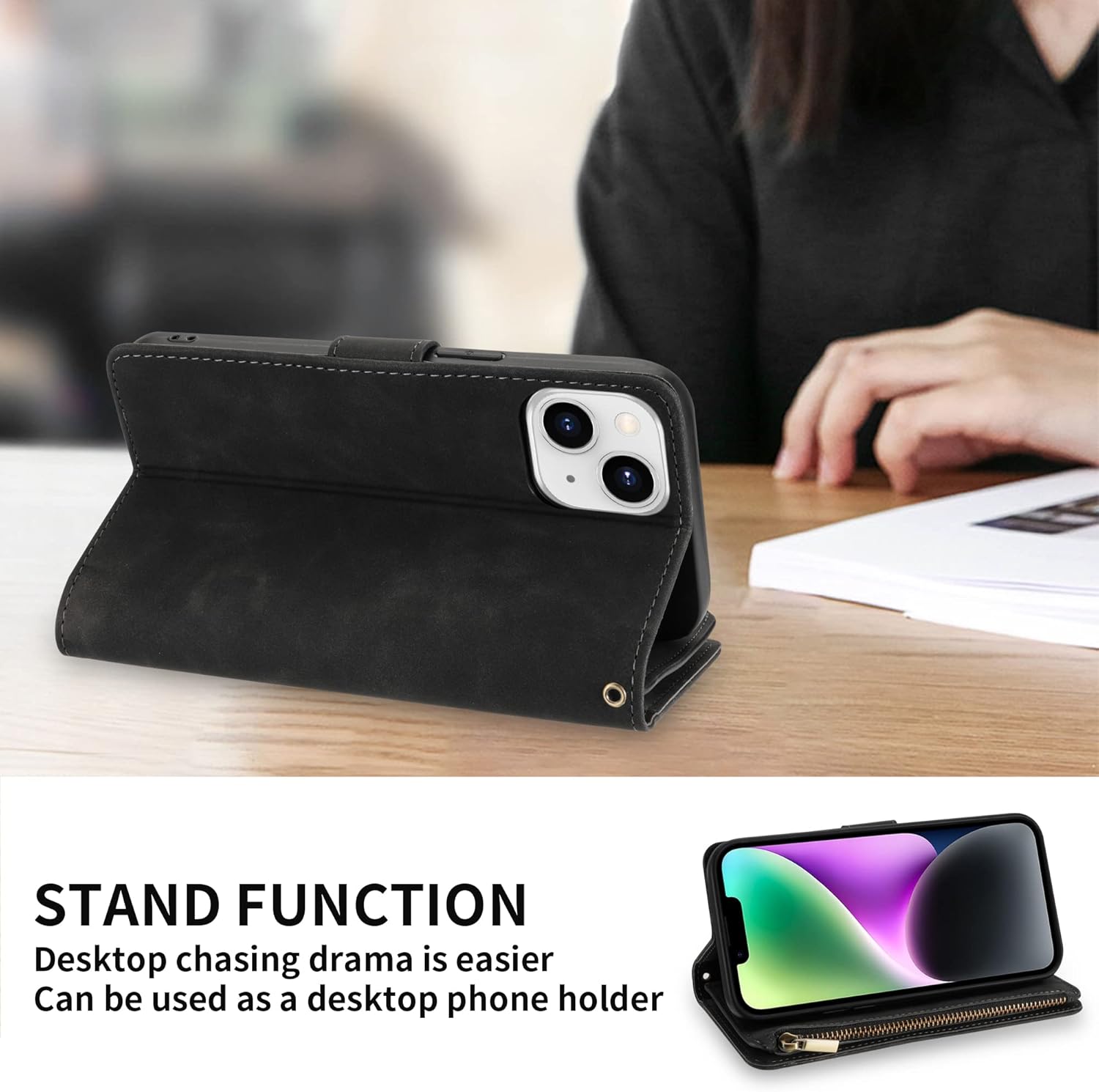 ZZXX for iPhone 14 Case Wallet with [RFID Blocking] Card Slot Premium Soft PU Leather Zipper Flip Folio with Wrist Strap Kickstand Protective Phone Cover for iPhone 14 Wallet Case(Black-6.1 inch) - Image 6