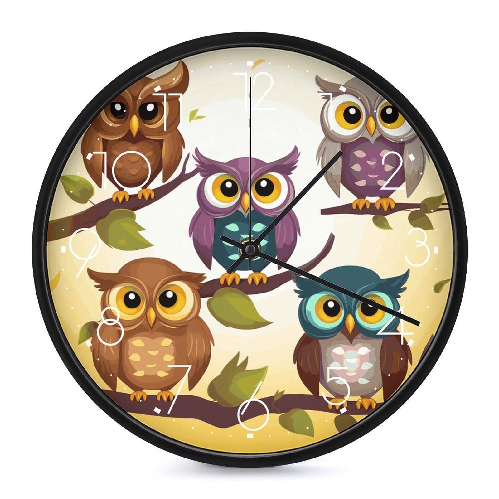 Horloge murale ronde hiboux et oiseaux blanche de 25,4 cm silencieuse à piles