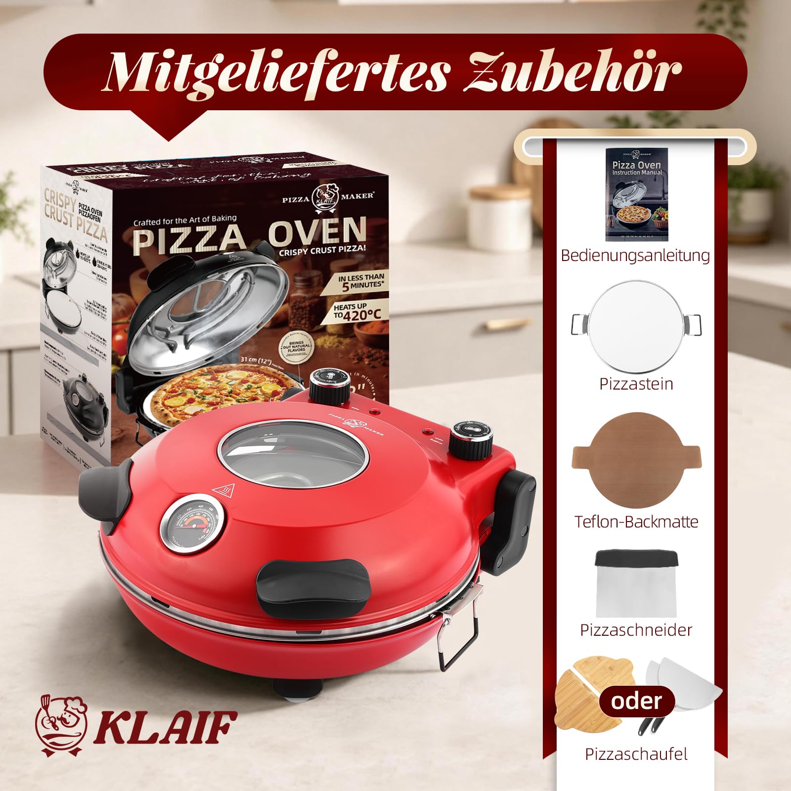 KLAIF Elektrischer Pizzaofen 420 °C, separat regelbare Ober- und Unterhitze, 31 cm Keramik-Pizzastein, inkl. 4-teiligem Pizzazubehör-Set, 1200 W, Modell LMR-Rot