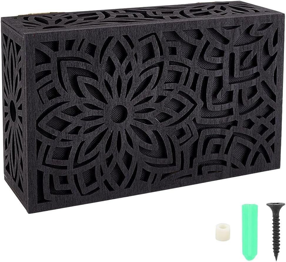 Black Door Chime Cover 9.1 x 5.5 x 2.9 Inch Door Bell Box Flowers Pattern Wooden Modern Decorative Universal Case Easy to Mount for Indoor Outdoor Home Office Entryway Porch Decorations