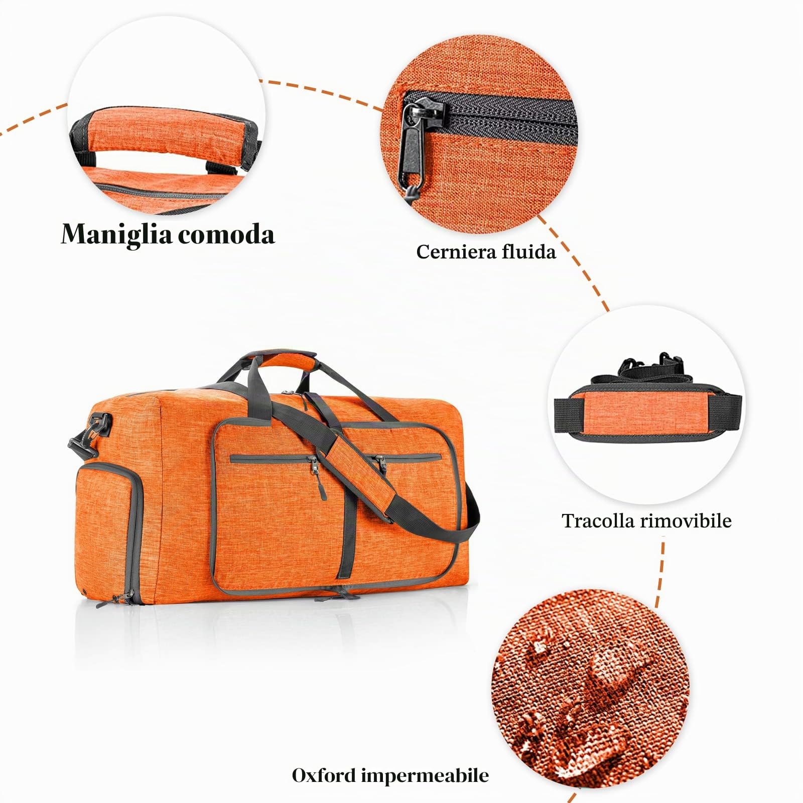 CORIOS Borsone da Viaggio Uomo/Donna 85L Pieghevole Borsa Sportiva Grande Bagaglio a Mano con Scomparto Scarpe Borsone Palestra Ultra-Leggero Piscina Palestra Weekender Pernottamento Arancio A