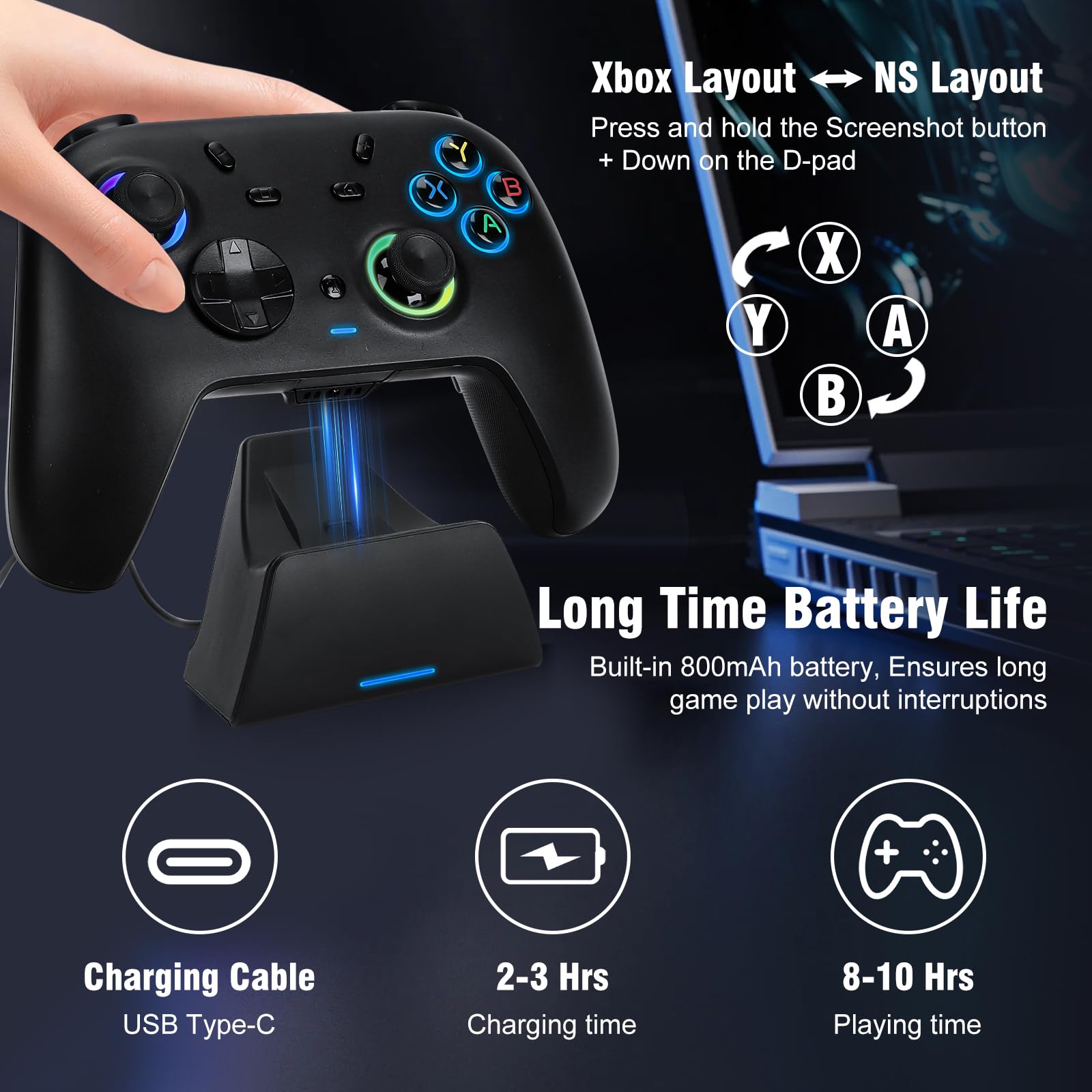 DuLingKer Mando PC con Carga Base, Mando Inalámbrico para Switch 2/Switch/PC Windows/Steam/OLED/Lite, Gaming Mandos con Hall Efecto Trigger/Joystick(Sin Deriva), Luz RGB, Botón M1/M2 Negro