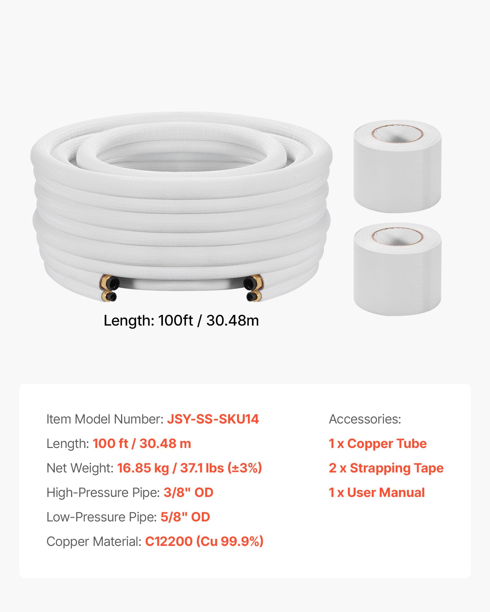 VEVOR Conducto Refrigerante de Cobre Largo de 30,48 m, Tubo de Cobre Aislado Diámetro Exterior 9,5 mm y 15,9 mm, para Sistema de Mini-split de Aire Acondicionado, Tubo de Bobina Aislante de PE