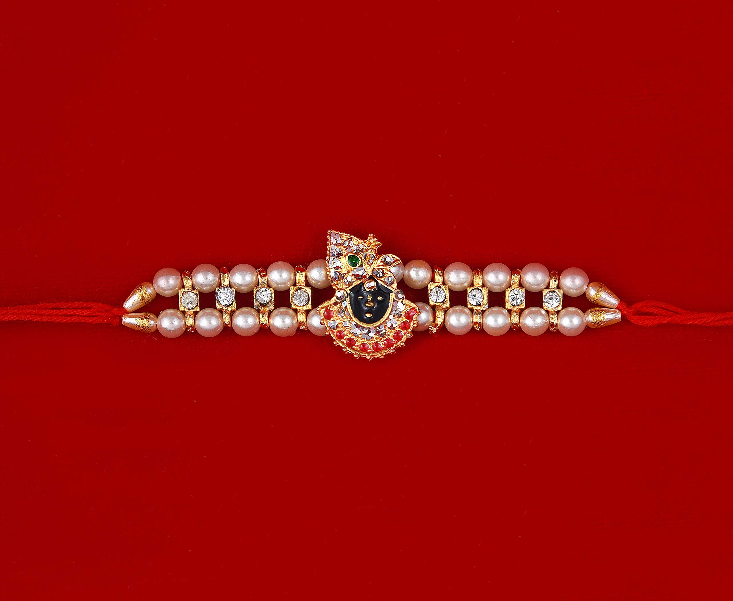 Rakhi for brother and bhabi/rakhi for brother/rakhi gift for brother/Set of 2 rakhi for brother with gift-1 Kundan Rakhi+1 Beads Rakhi+Showpiece Figurine +Roli, Chawal+Rakshi Greeting Card (Red)