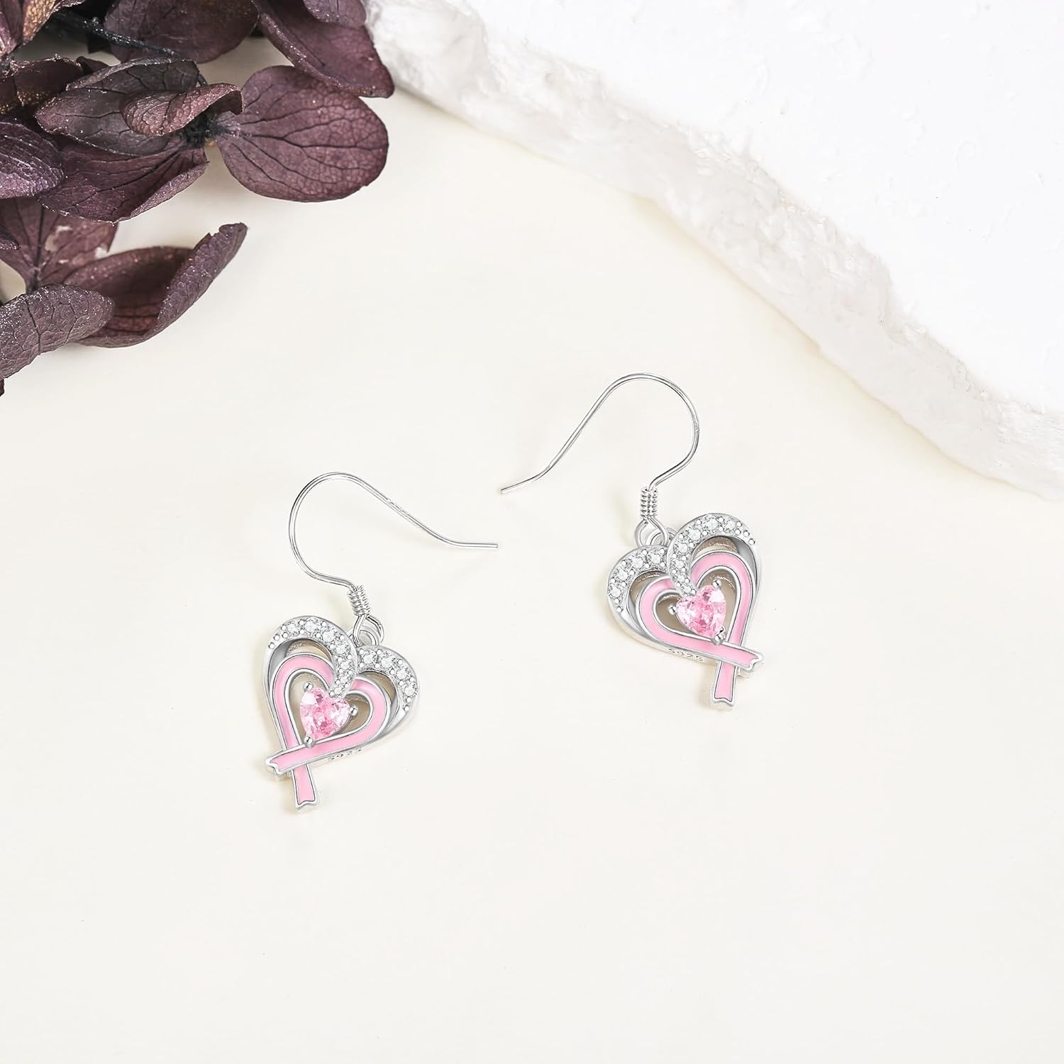 Breast Cancer Awareness Earrings 925 Sterling Silver Heart Pink Ribbon Dangle Drop Earrings Breast Cancer Survivor Jewelry Gifts for Women Friend - Image 4