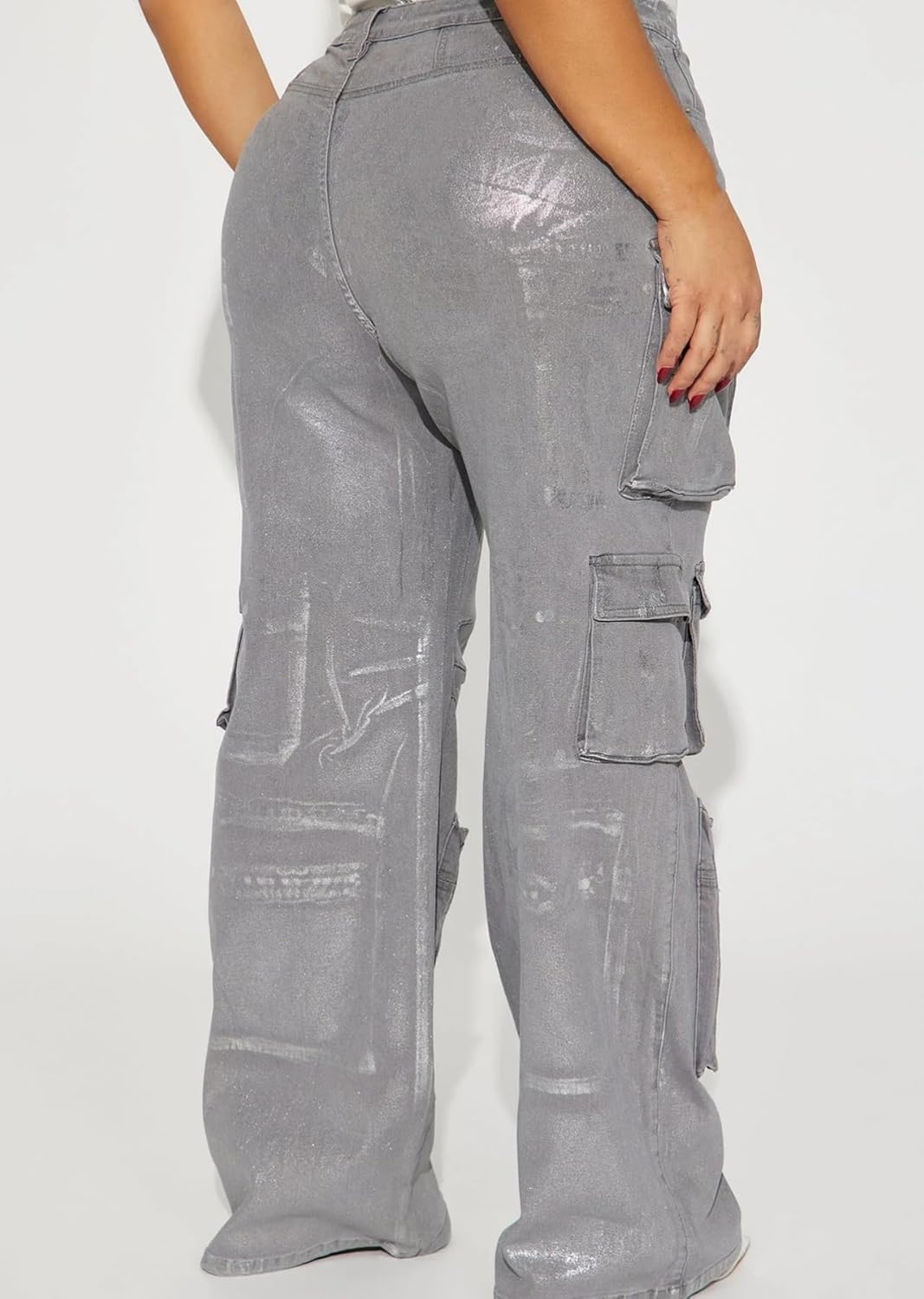 Unybwonn Women High Waisted Metallic Cargo Jeans Y2k Satin Sparkly Straight Wide Leg Denim Pants with Flap Pockets - Image 5