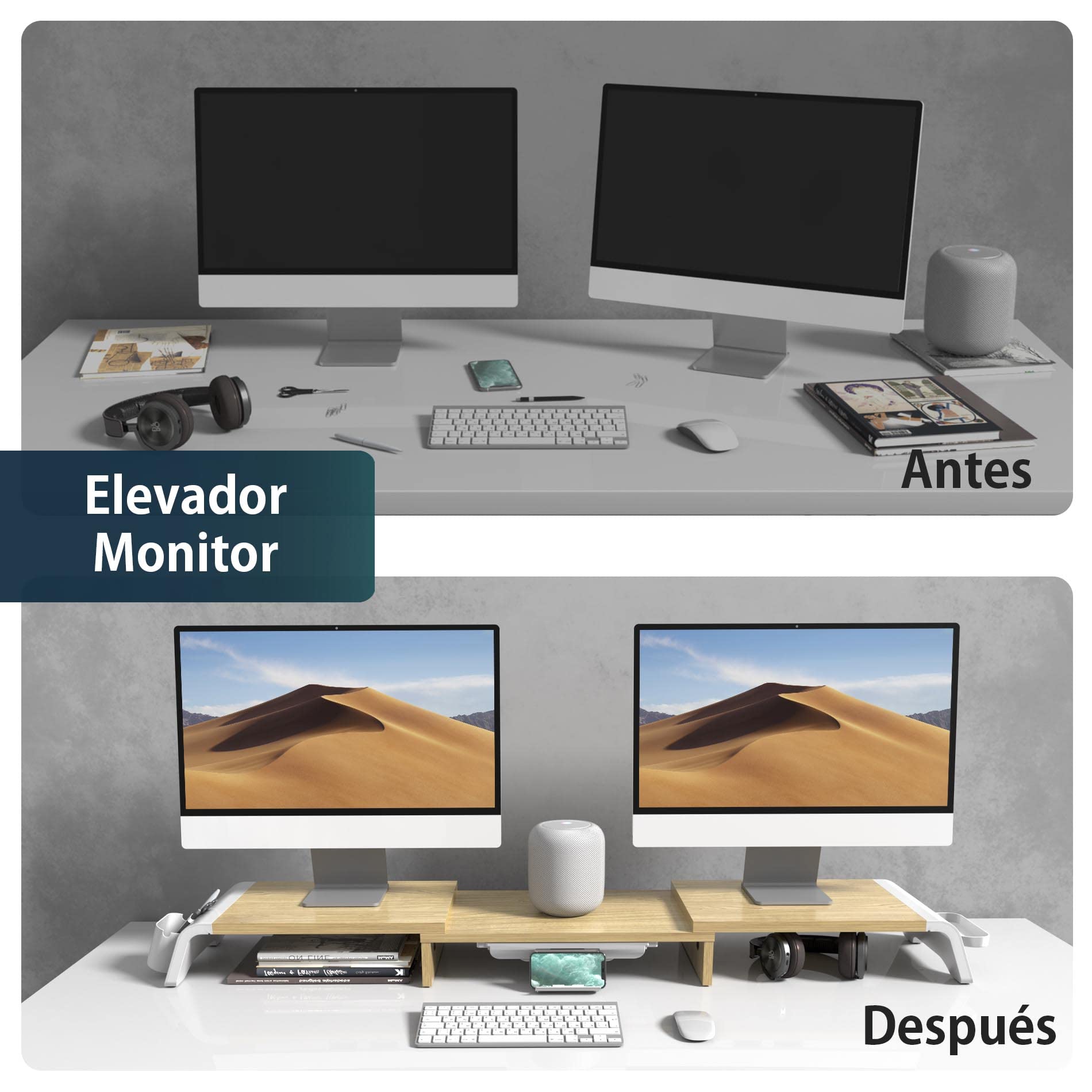 Fenge Elevador de Monitor Ajustable Largo y Ángulo Roble, Almacenaje | Elevador de monitor, organizador de escritorio hogar y oficina, 2 ranuras extraíbles y soporte móvil, carga máxima 25 kg