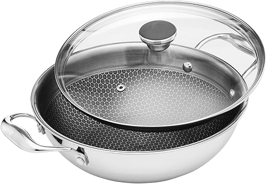 Amazon Basics Non-Stick Honeycomb Triply Stainless Steel Kadhai with Glass Lid, 24 cm – 2.7L, Fast & Even Heating, Induction & Gas Compatible