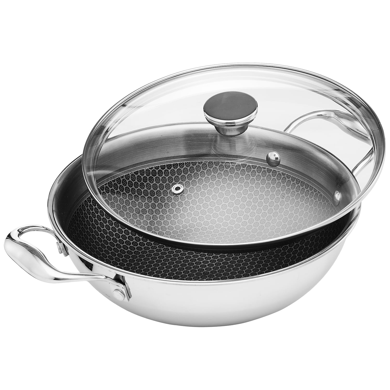 amazon basics Non-Stick Honeycomb Triply Stainless Steel Kadhai with Glass Lid, 24 cm - 2.7L, Fast & Even Heating, Induction & Gas Compatible-image-20