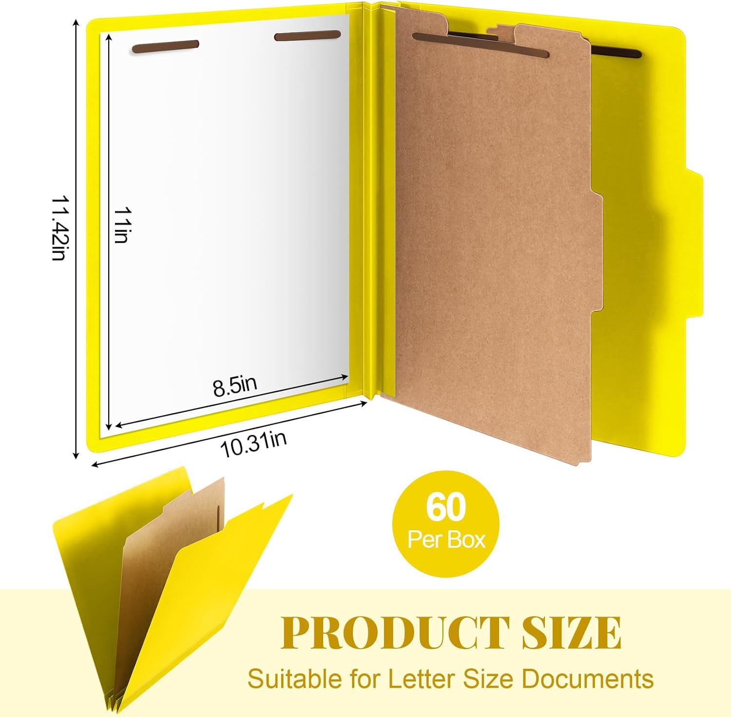 Skyygemm 60 Pcs Classification Folders Letter Size, 1 Divider Pressboard File Folder with Fasteners, Expanding File Organizer Bulk for Documents, Projects, Reports, School Teacher, Office (Yellow)
