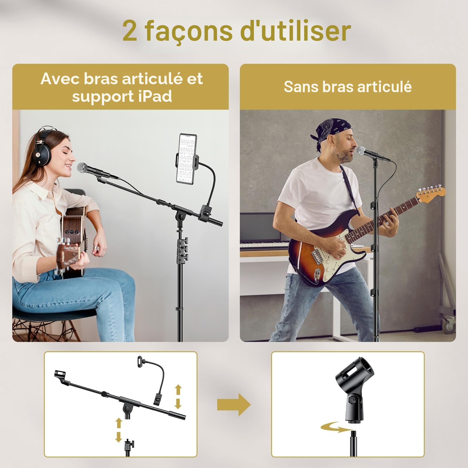 TONOR Bras de Microphone avec Support de Tablette, Perche Tripode pour le Sol, Hauteur et Angle Réglables,avec Sac de Transport, Pince pour Téléphone et iPad, Large compatibilité, 190 cm,T35