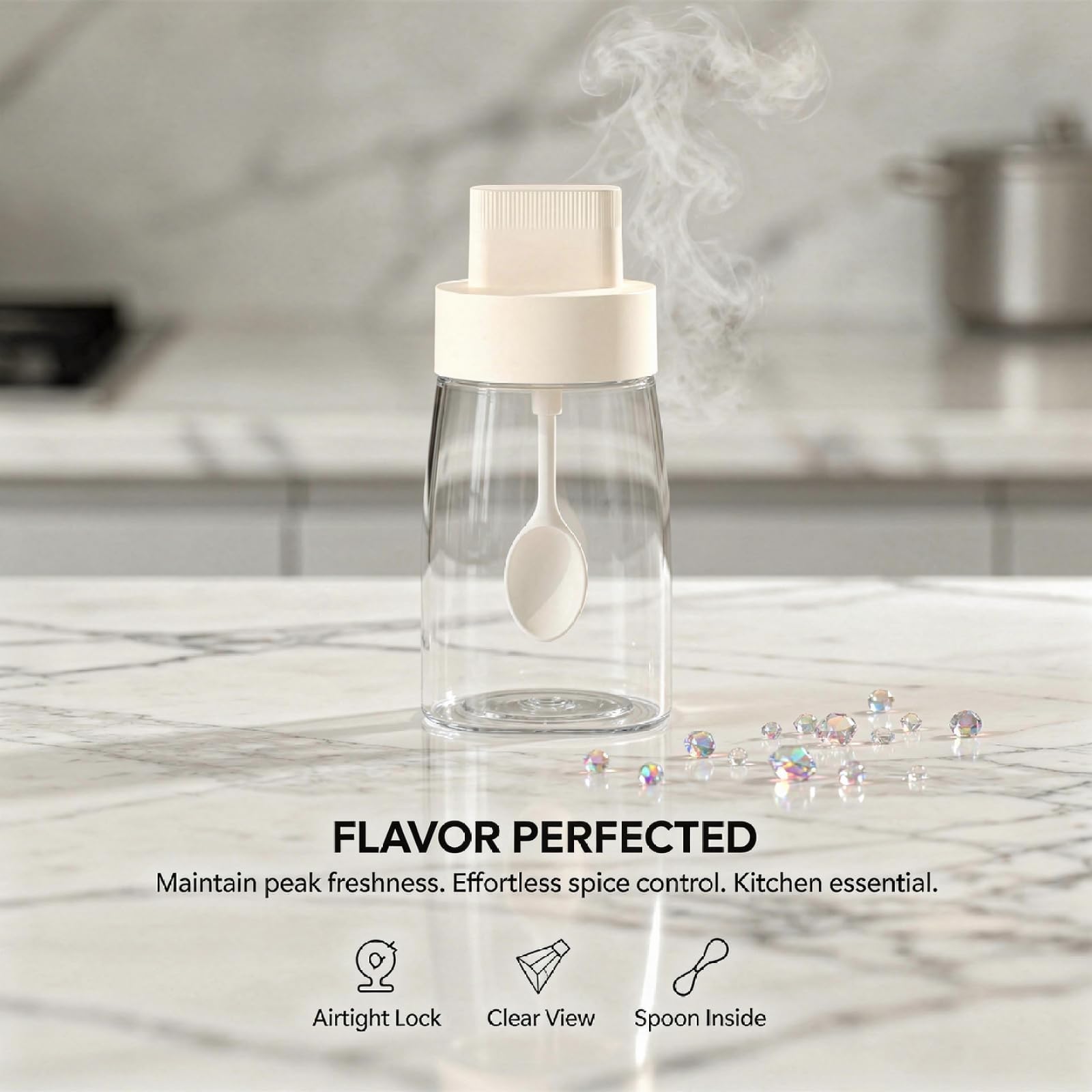 Lot de 2 bocaux à assaisonnement en verre, pots à sel de cuisine avec cuillère, couvercle hermétique, set de bouteilles à épices protégé de l'humidité, pour cuisine et rangement, blanc et vert