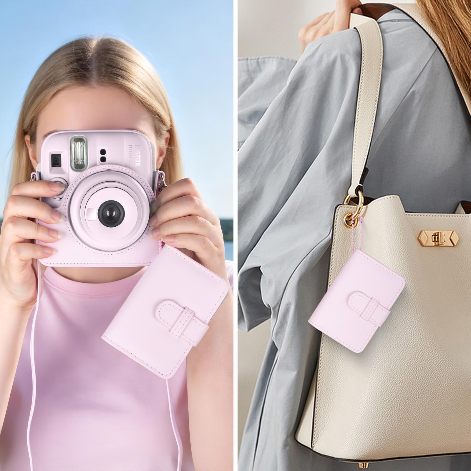 Custodia e album per fotocamera Instax Mini 13, elegante cover protettiva in pelle PU per fotocamera Fuji Instax Mini 13, borsa per il trasporto con album fotografico e tracolla - Rosa