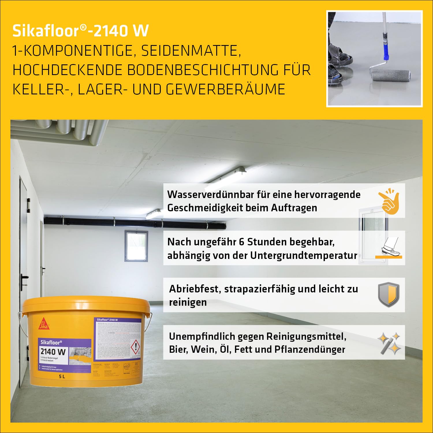 Sika – Bodenbeschichtung zur Versiegelung von Keller- & Lagerräumen – Sikafloor-2140 W -Betongrau – Hochdeckend, strapazierfähig, wasserverdünnbar – Verarbeitungsfertig – Seidenmatter Glanz – 5 l