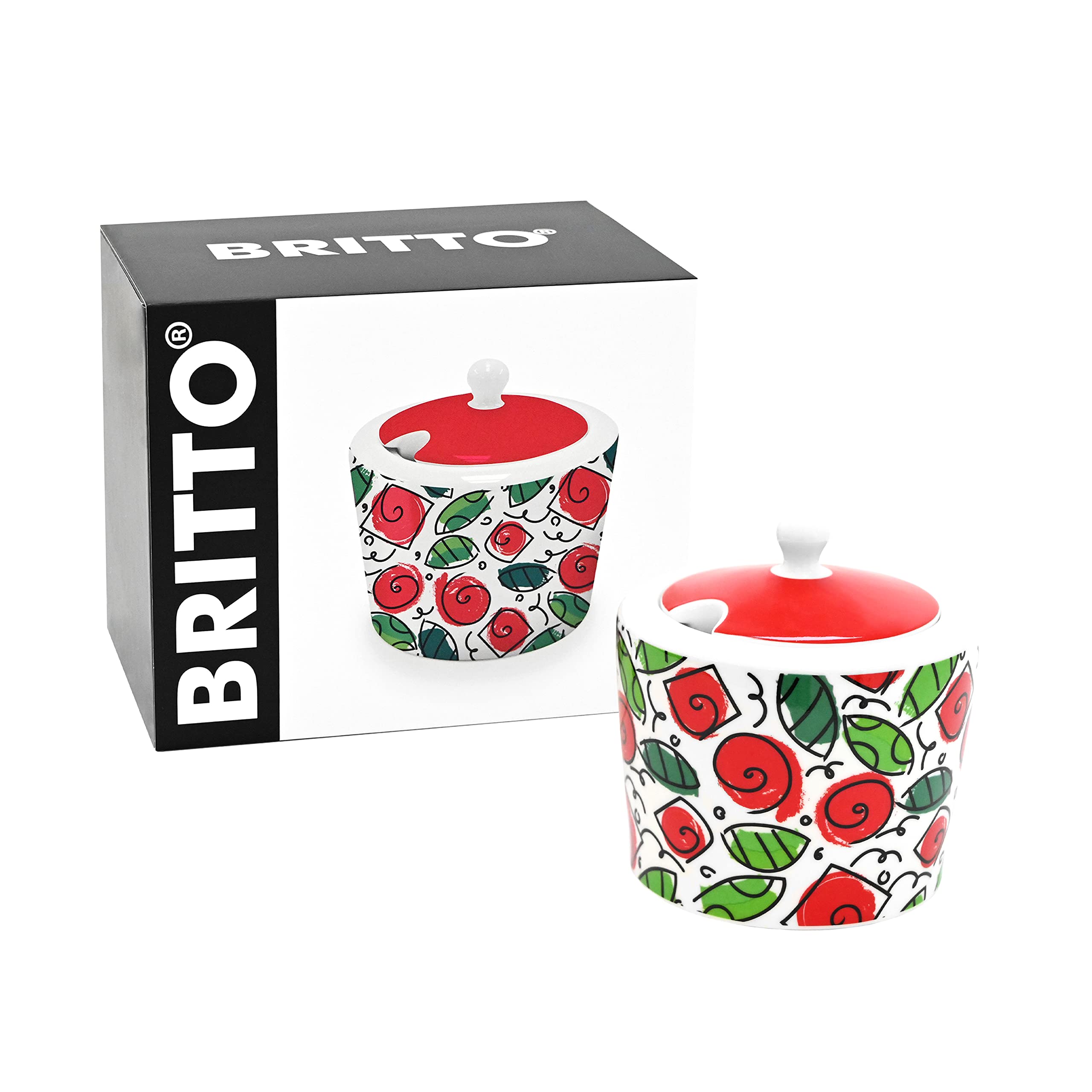 Britto Bone China Sugar Bowl with Lid, 10.4 oz, Roses, Floral Artwork Design - Coffee Bar Accessories, Seasoning Pot Box, Ceramic Salt Pepper Organizer, Farmhouse Kitchen Decor
