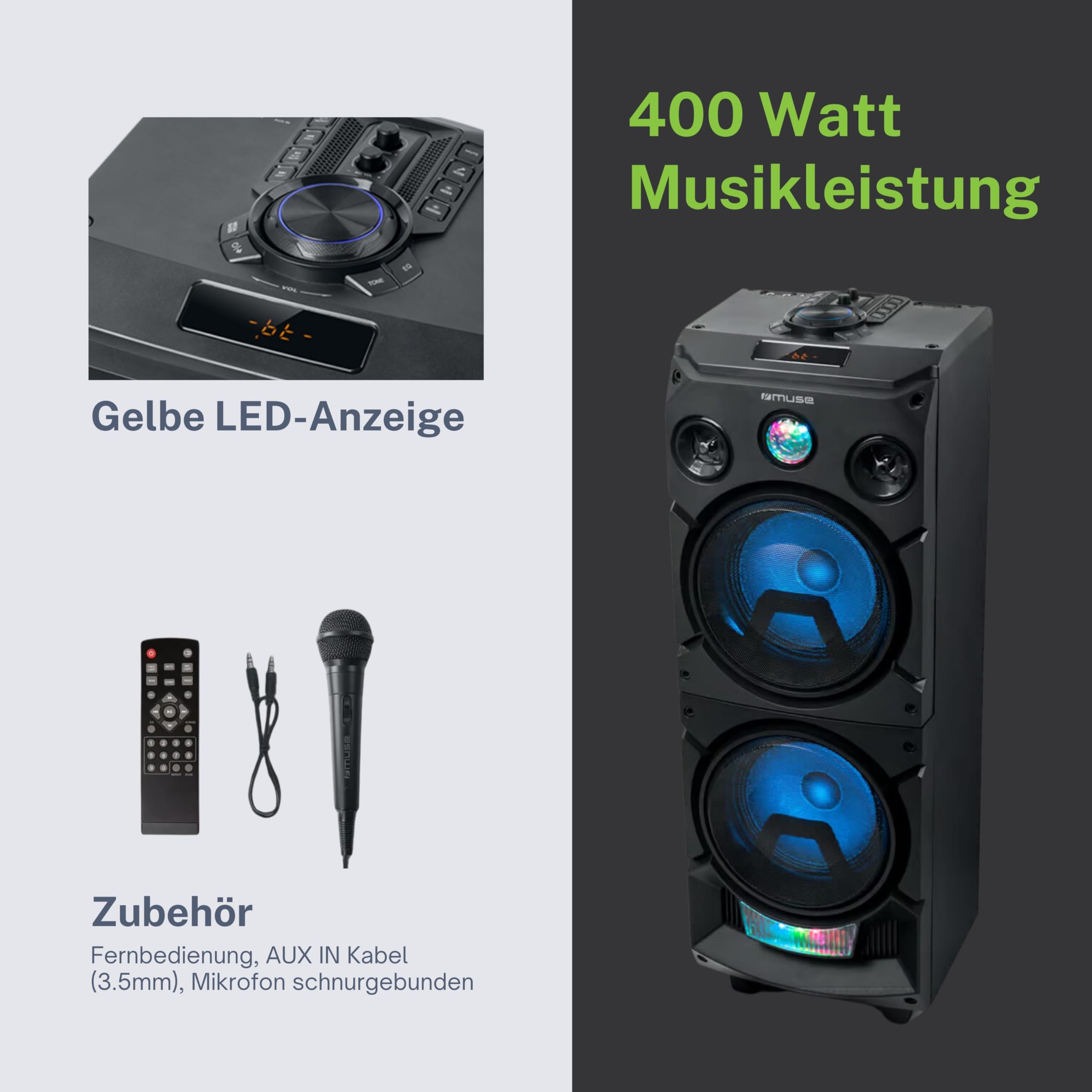 MUSE M-1935 DJ Party-Lautsprecher 400W mit Bluetooth, Akku, USB & AUX