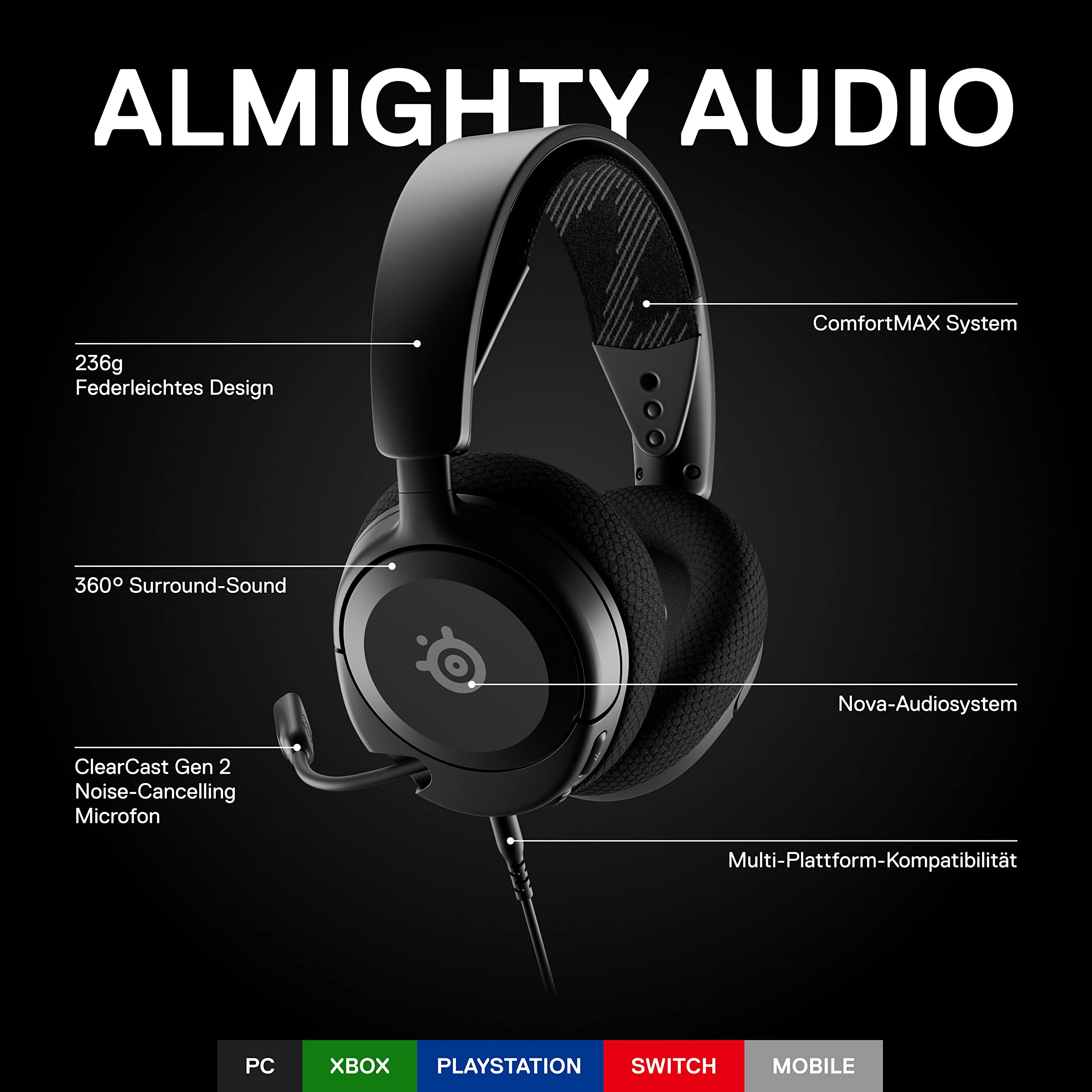 SteelSeries Arctis Nova 1 Gaming-Headset Hi-Fi-Treiber 360° Surround-Sound AirWeave Memory Foam-Ohrpolster Geräuschunterdrückung PC PS5 Xbox Schwarz