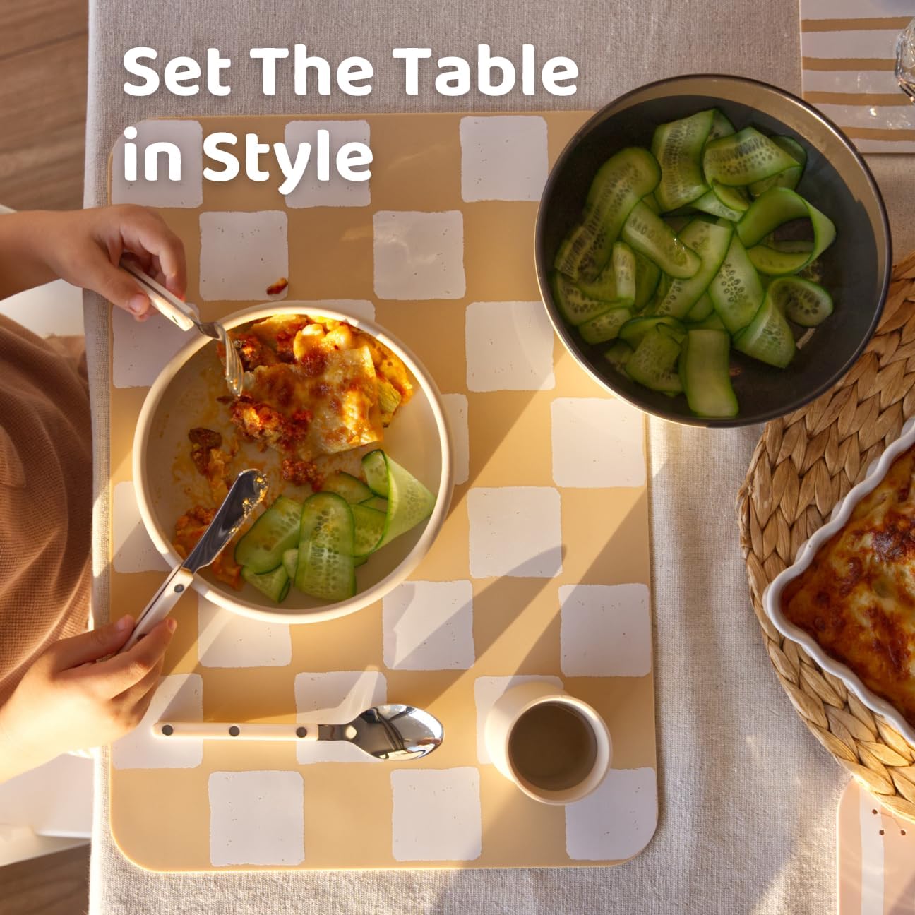 APLAINR Proud Placemats, Silicone Placemats for Babies, Toddlers & Kids, Activity Mats for Children, Checkered and Stripe Patterns, Non Slip, 16 x 12 inch, Set of 2, Oat Cream