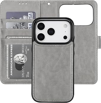 Bocasal Detachable Wallet Case for iPhone 17 Pro RFID Blocking Card Slots Holder Premium PU Leather Magnetic Kickstand Shockproof Wrist Strap Removable Flip Protective Cover 5G 6.3 inch Grey