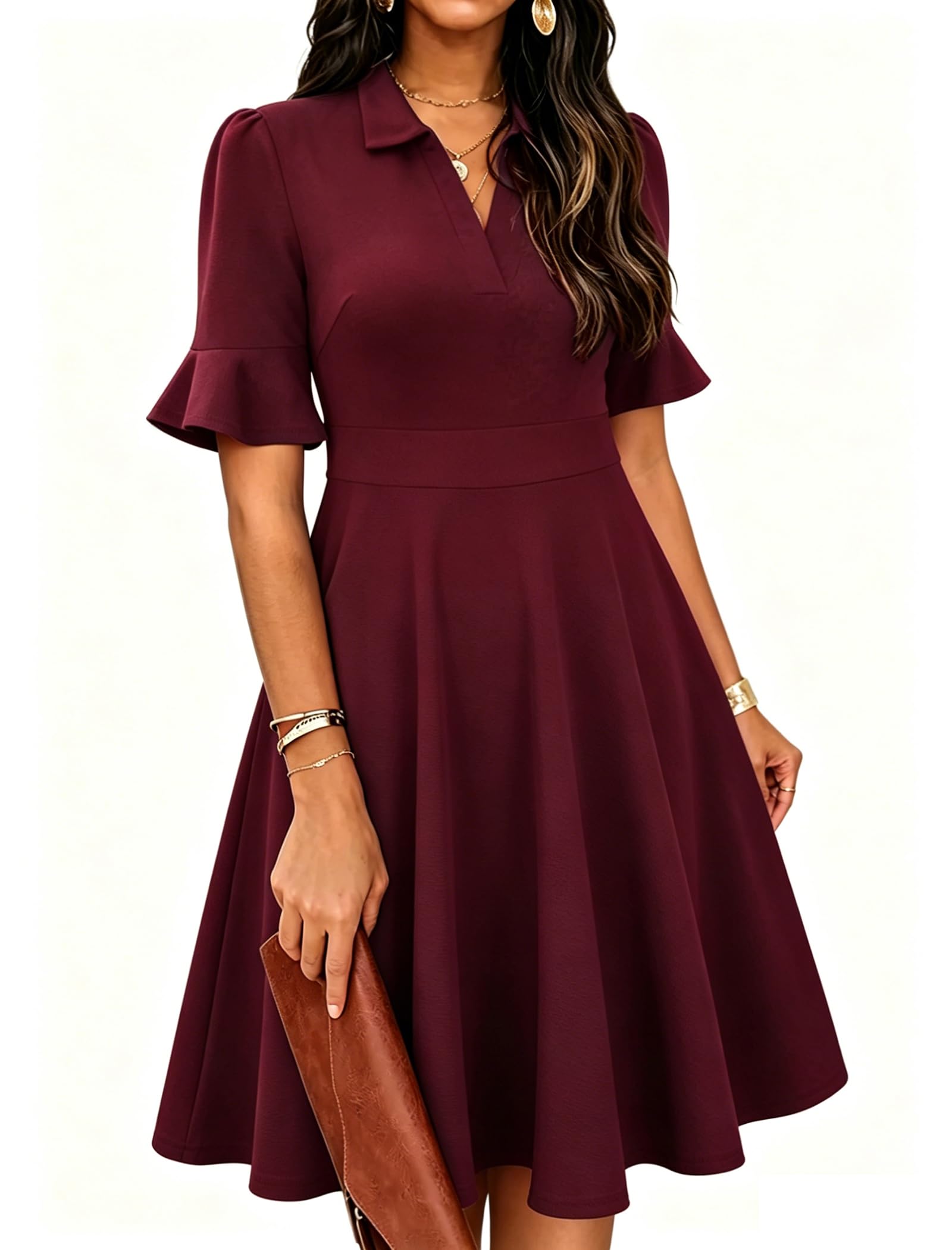Mokayee Womens Summer Ruffle Sleeve Collared V Neck Fit and Flare Elegant A line Swing Dresses with Pockets