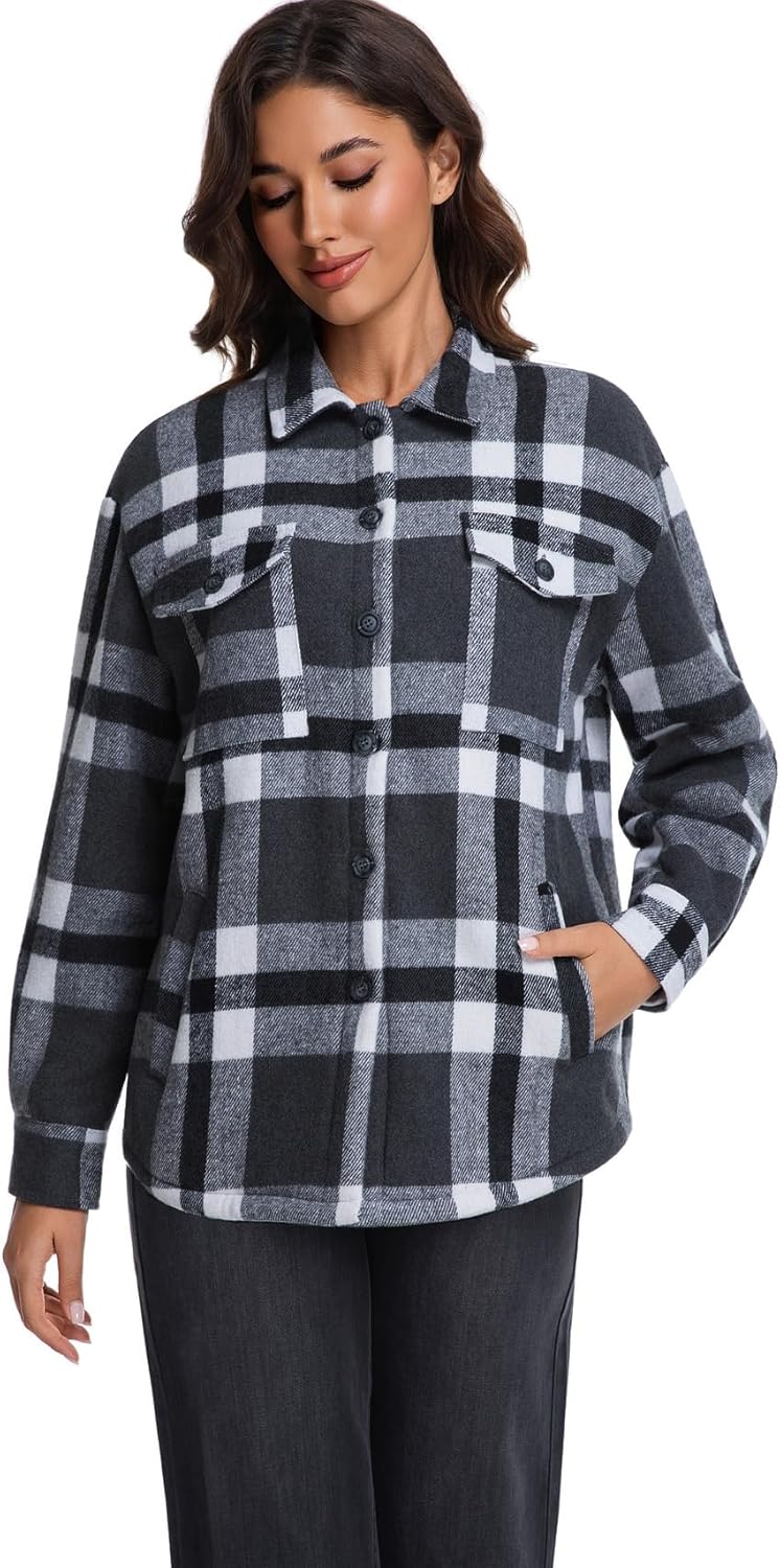 Women's Sherpa Fleece Lined Flannel Shirt Jacket Plaid Button Down Jacket Shacket for Women - Image 5