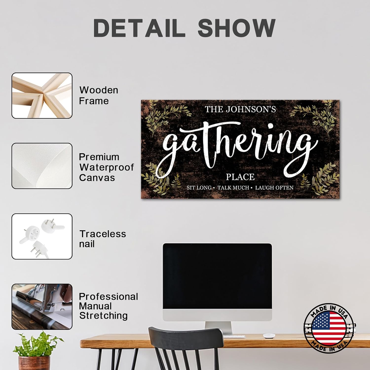 iLOOKLiKE Personalized Gathering Place Sign with Family Name Wall Art Gather Signs for Home Decor Custom Sit Long Talk Much Laugh Often Canvas Print for Dining Room Kitchen Farmhouse Housewarming