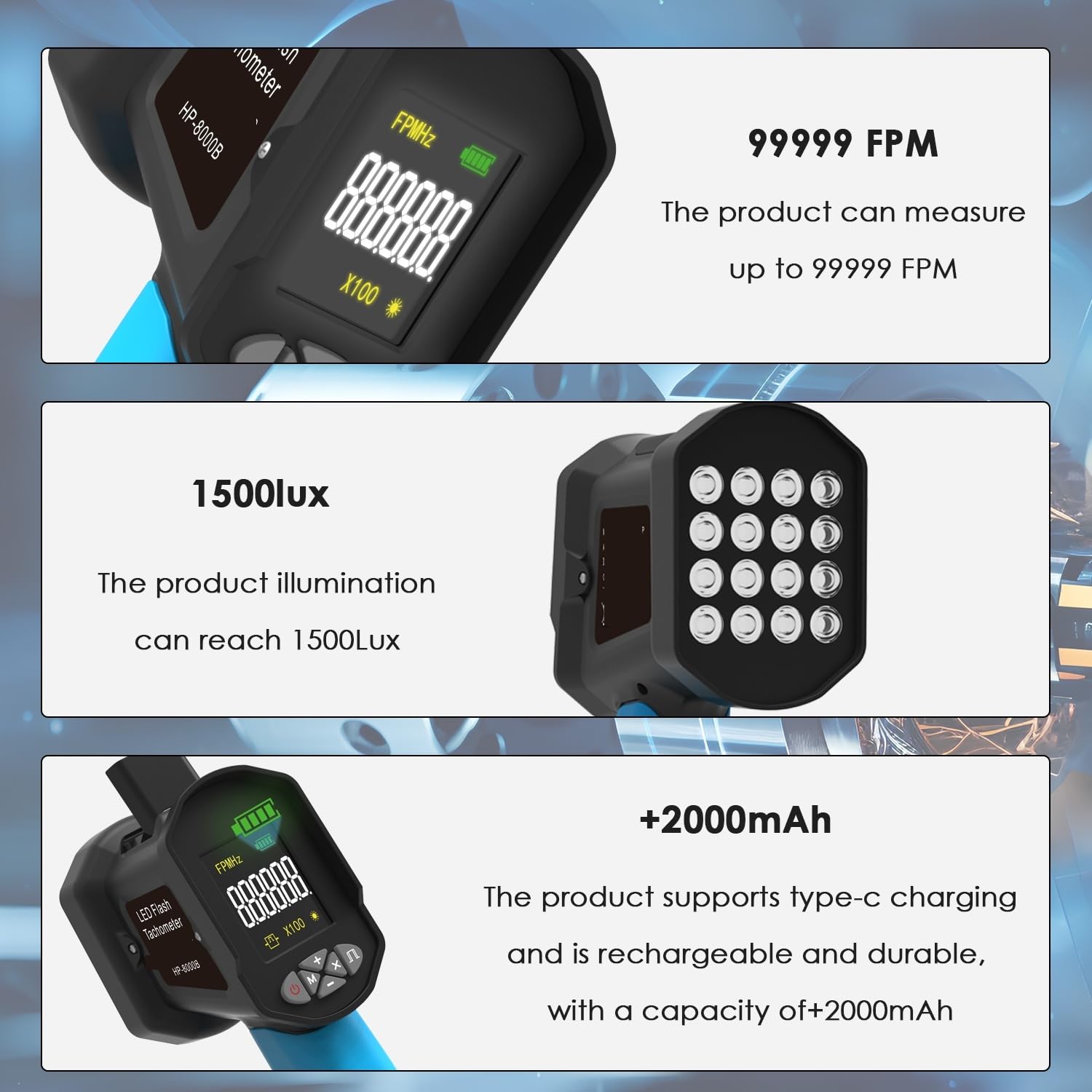 Estroboscopio digital de mano 0.001% Tacómetro con flash LED recargable Tacómetro estroboscópico sin contacto Para motores, tornos.
