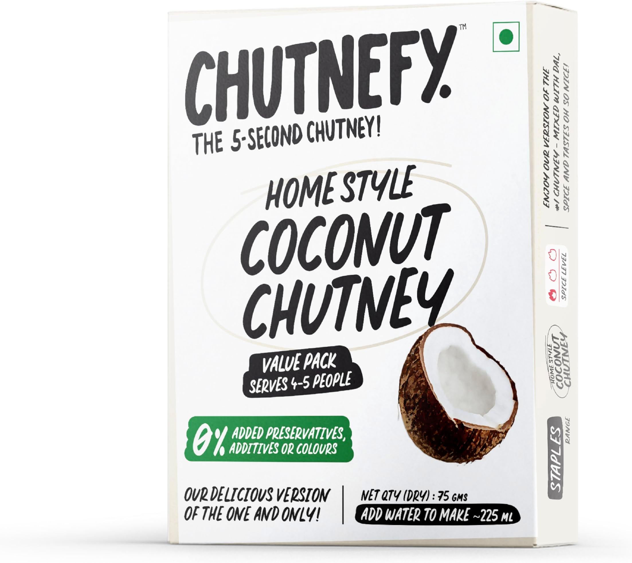 Instant Coconut Chutney | 75g Freeze-Dried mix | Add water to make 5-6 servings (300g) | 0% Preservatives or Additives