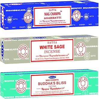 Satya Relaxation Mix Incense Sticks 3-Pack Assortment | Slow-Burning, Long-Lasting Nag Champa, White Sage & Buddha's Bliss (15g Each)