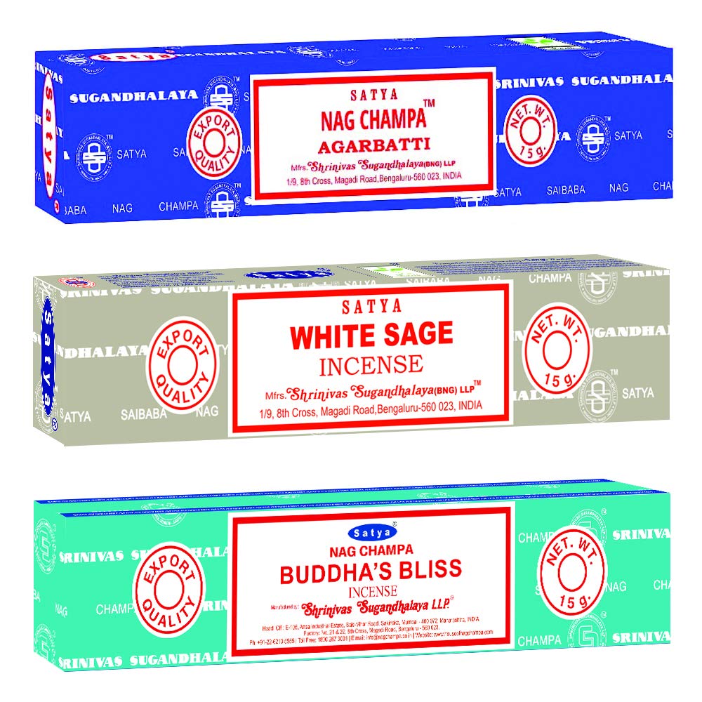 SatyaRelaxation Mix Incense Sticks 3-Pack Assortment | Slow-Burning, Long-Lasting Nag Champa, White Sage & Buddha's Bliss (15g Each)