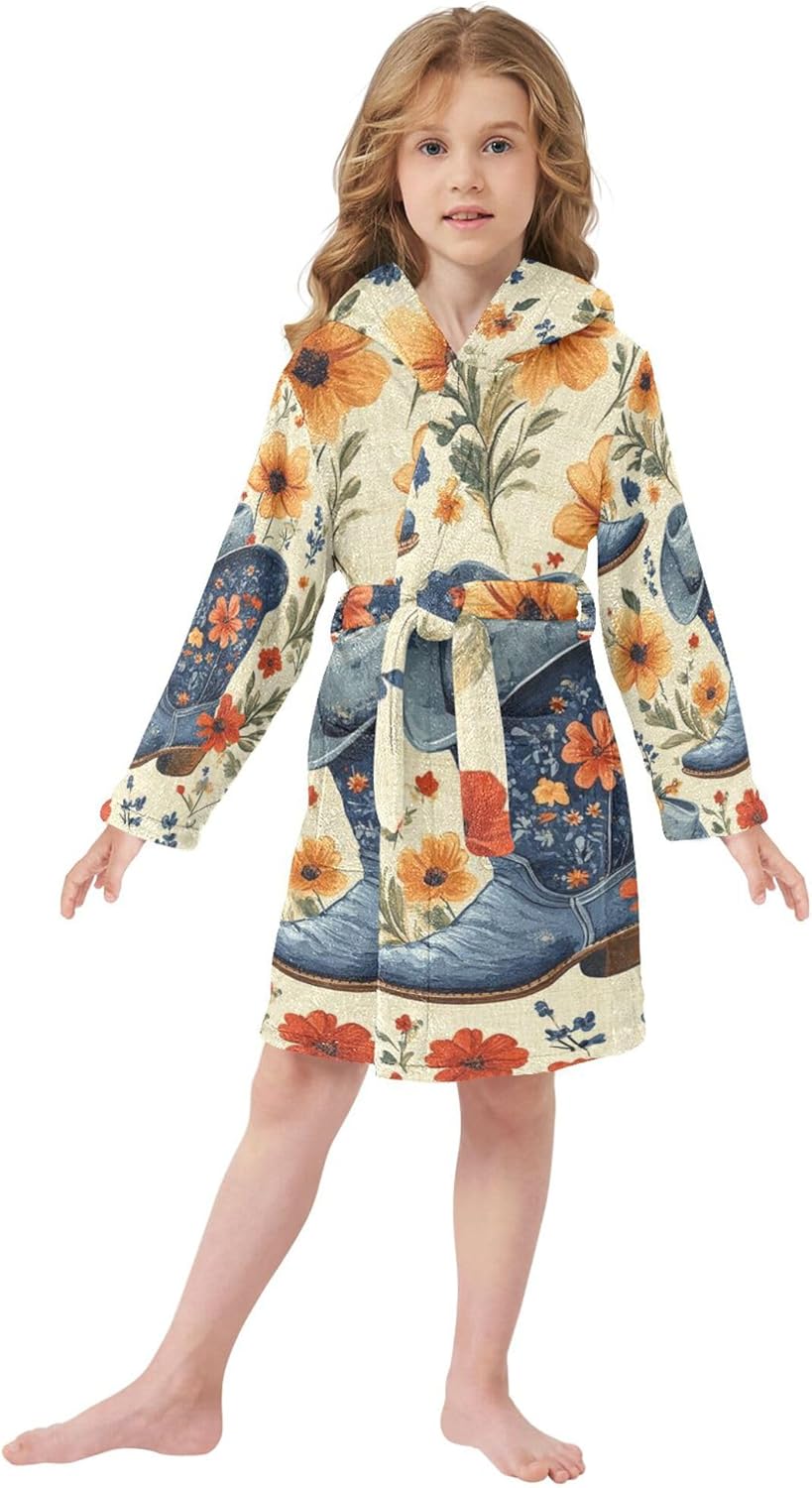 Cowboy Hat and Cowboy Boots Flowers Bathrobe Hooded PJ Robe Soft Fleece Robe Pajama Sleepwears 2-12 Years