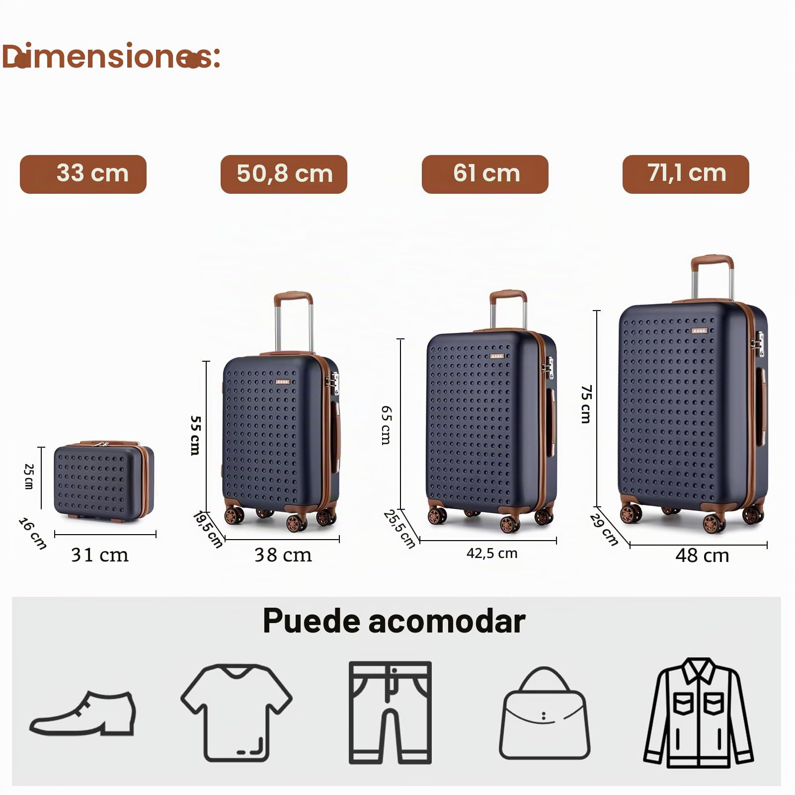Kono Juego de 4 Maletas 31/55/65/75cm Maleta de Cabina Maletas de Viaje Cabina Ligera Portátil con Cerradura TSA y 4 Ruedas, Azul