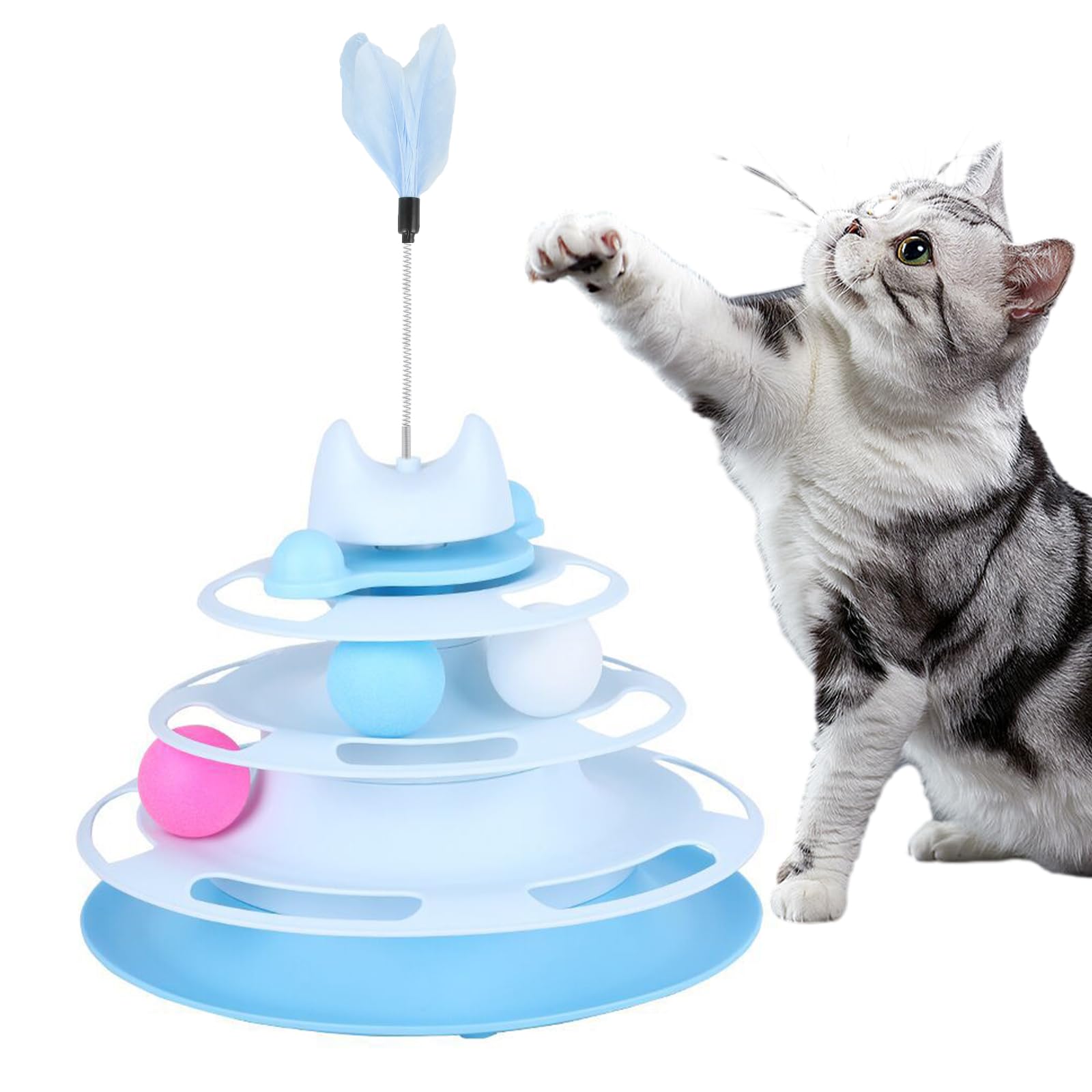 PETCUTE Juguete Gato Interactivo con 4 Pisos+3 Bolas,Juguetes Gatos Pequeños y Grandes,Juguete Interactivo Gato,Antideslizante y Facil de Desmontar,Juguetes Rodantes para Gatos con Juguete de Plumas