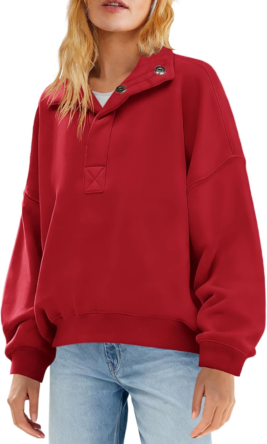 Nirovien Womens Henely Oversized Sweatshirts Stand Collar Cropped Sweatshirt Long Sleeve Quarter Button Pullover - Image 2