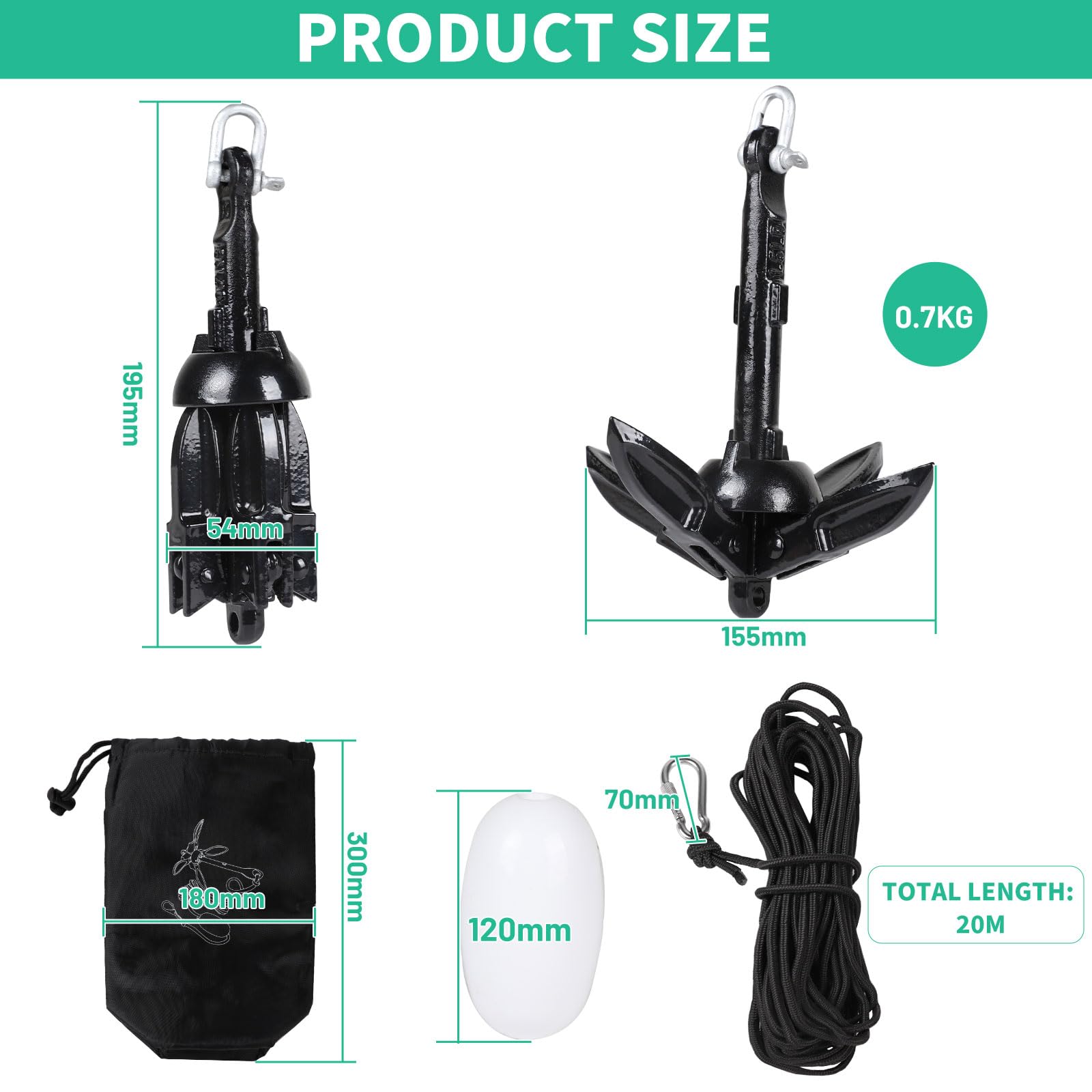 SWAWIS Anker Boot 0,7KG Bootsanker Bootszubehör Klappanker Sup Anker mit 20M Ankerleine Bojenkugel und Aufbewahrungstasche für Schlauchboot Belly Boot Tretboot Paddelboot, Schwarz