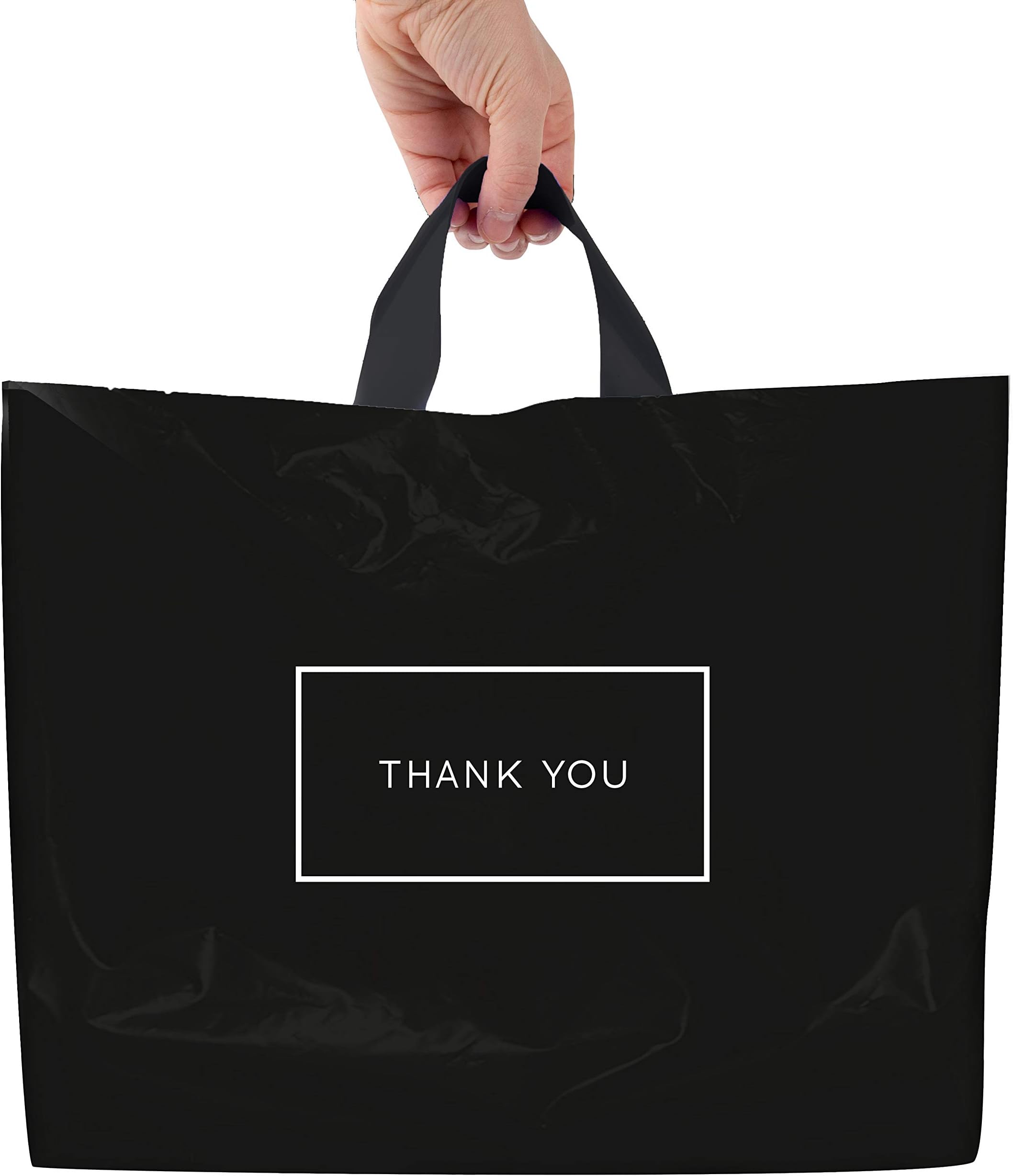 Purple Q Crafts Thank You Bags for Business Black Plastic Bags 50 Pack with Soft Loop Handle