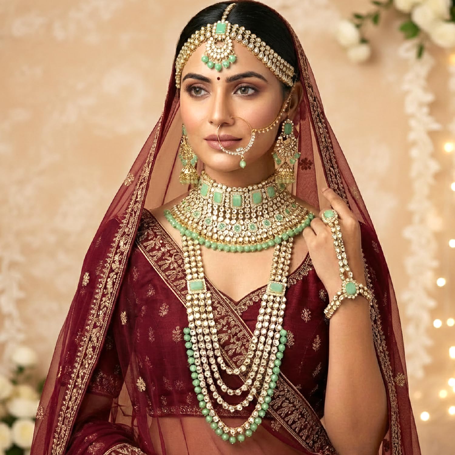 Peora Ethnic Indian Traditional Gold Plated Kundan Dulhan Bridal Jewellery Set with Choker Earrings Maang Tikka Hathphool for Women (Mint)