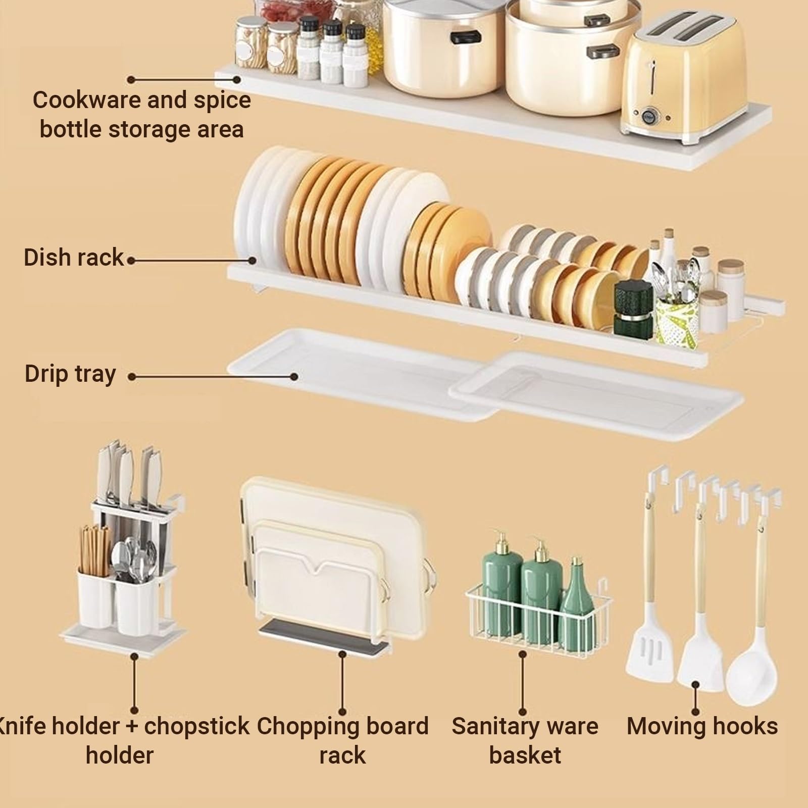 Égouttoir à vaisselle réglable en hauteur en acier inoxydable, grande capacité de séchage et égouttoir de rangement, organiseur de comptoir de cuisine multifonction avec porte-ustensiles