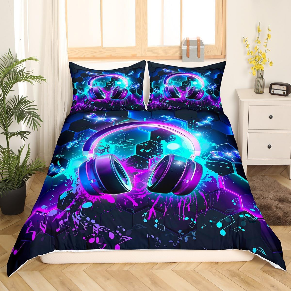 Erosebridal Glowing Music Note Hexagonal Honeycomb Glowing Comforter Cover Bedroom Decor, Funky Music Hip Hop Duvet Cover Modern Hippie Musical Style Bedspread Cover Full Size