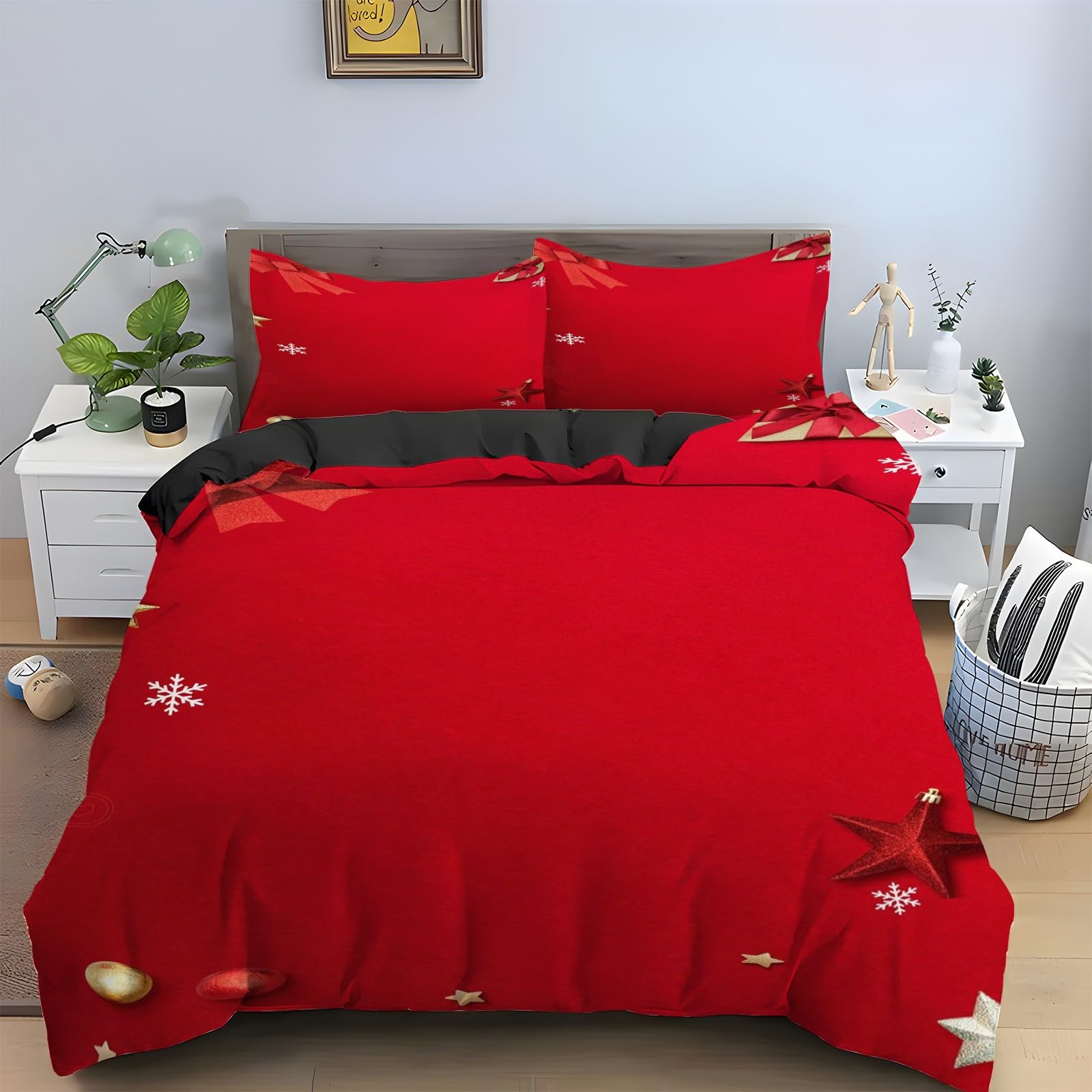 Housse de couette 160x200 rouge avec 2 taies d'oreiller en microfibre pour lit 2 personnes