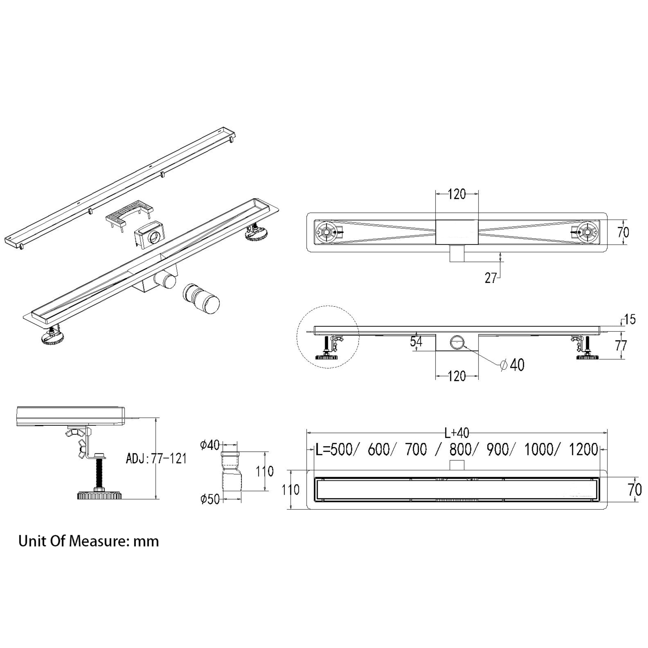 Caniveau Douche 2 en 1 de 60cm, Acier Inoxydable Chromé, Drain Douche Italienne avec Siphon et Filtre