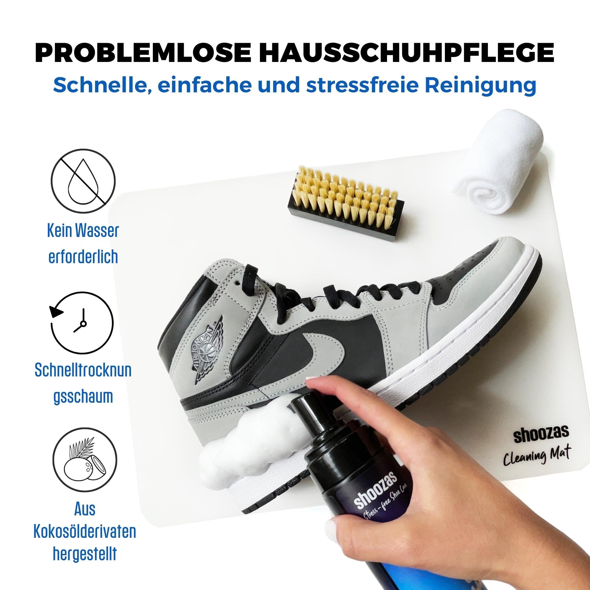 SHOOZAS - Kit zur Schuhreinigung - Schaumreiniger, Wasserdichte Matte, Bürste und Mikrofasertuch - Ideal für Leder, Gummi, Kunststoff und Sohlen - Ohne Wasser, Schnelltrocknend