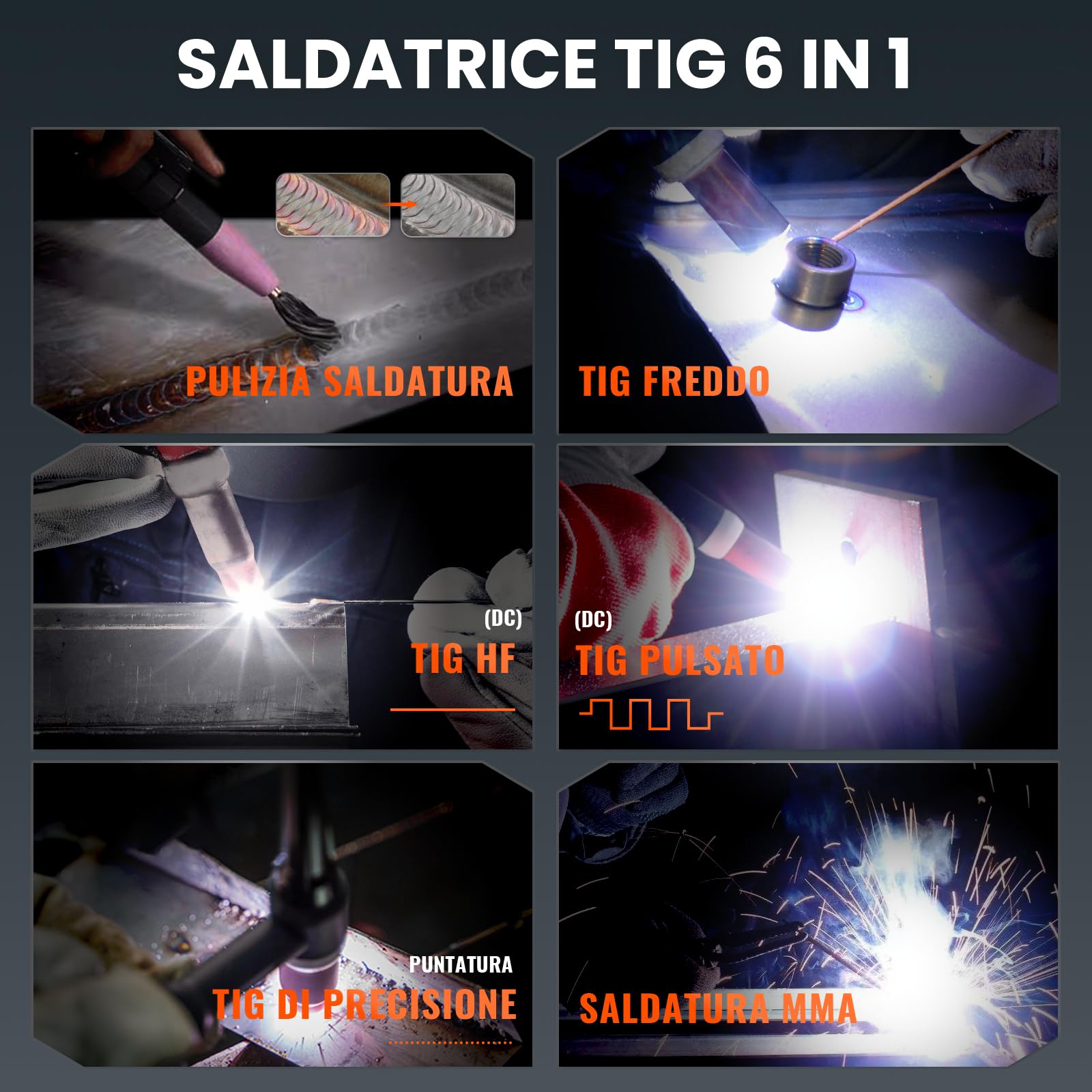 HITBOX Saldatrice TIG 6‑in‑1 Avvio HF Digitale pedale e casco saldatura