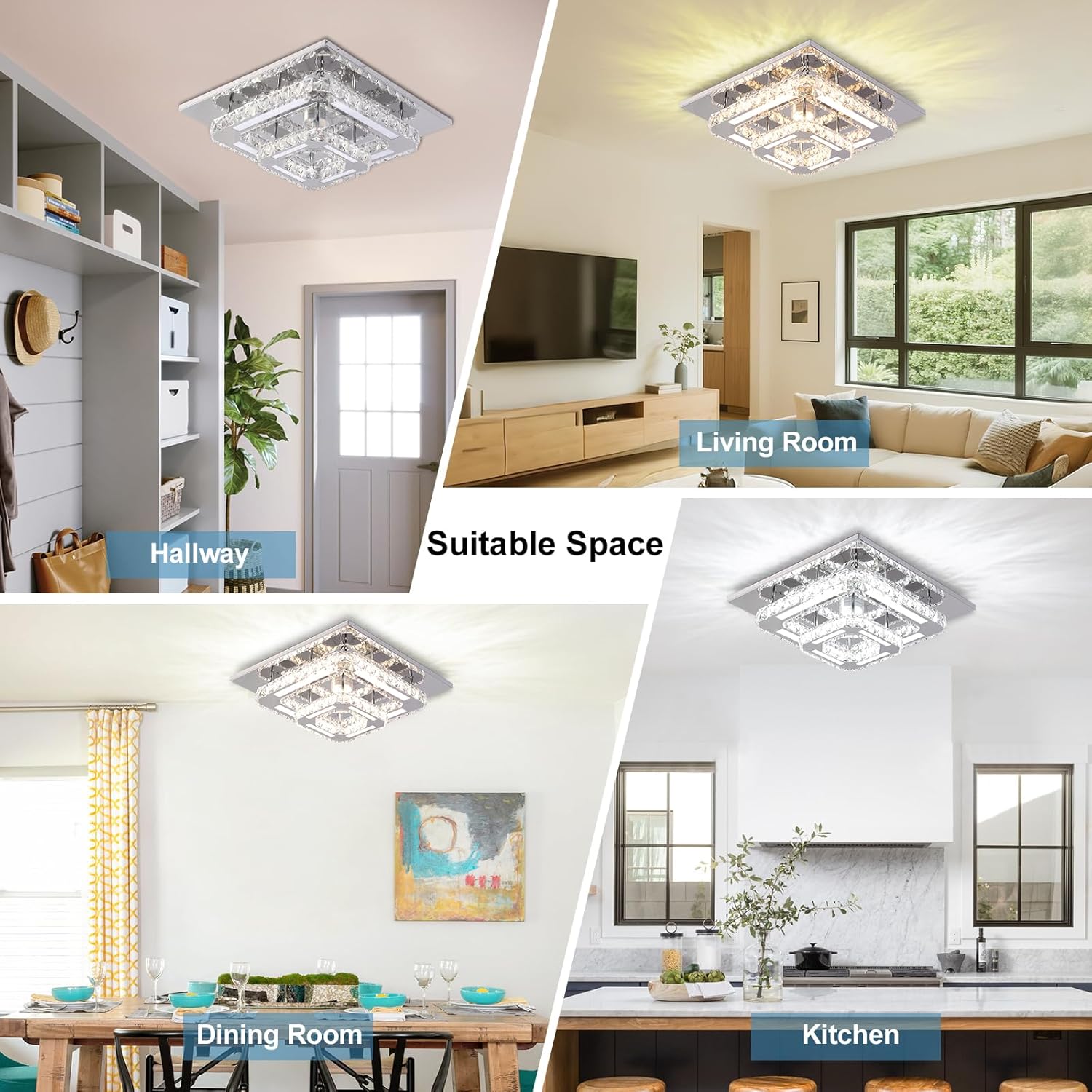 FRIXCHUR Crysta Chandelier LED Crystal Ceiling Light 2 Layers 12 inch Dimmable Flush Mount Ceiling Light Modern Chandeliers Lighting for Bedroom Hallway Staircase Kitchen Closet (3 Colors Change)
